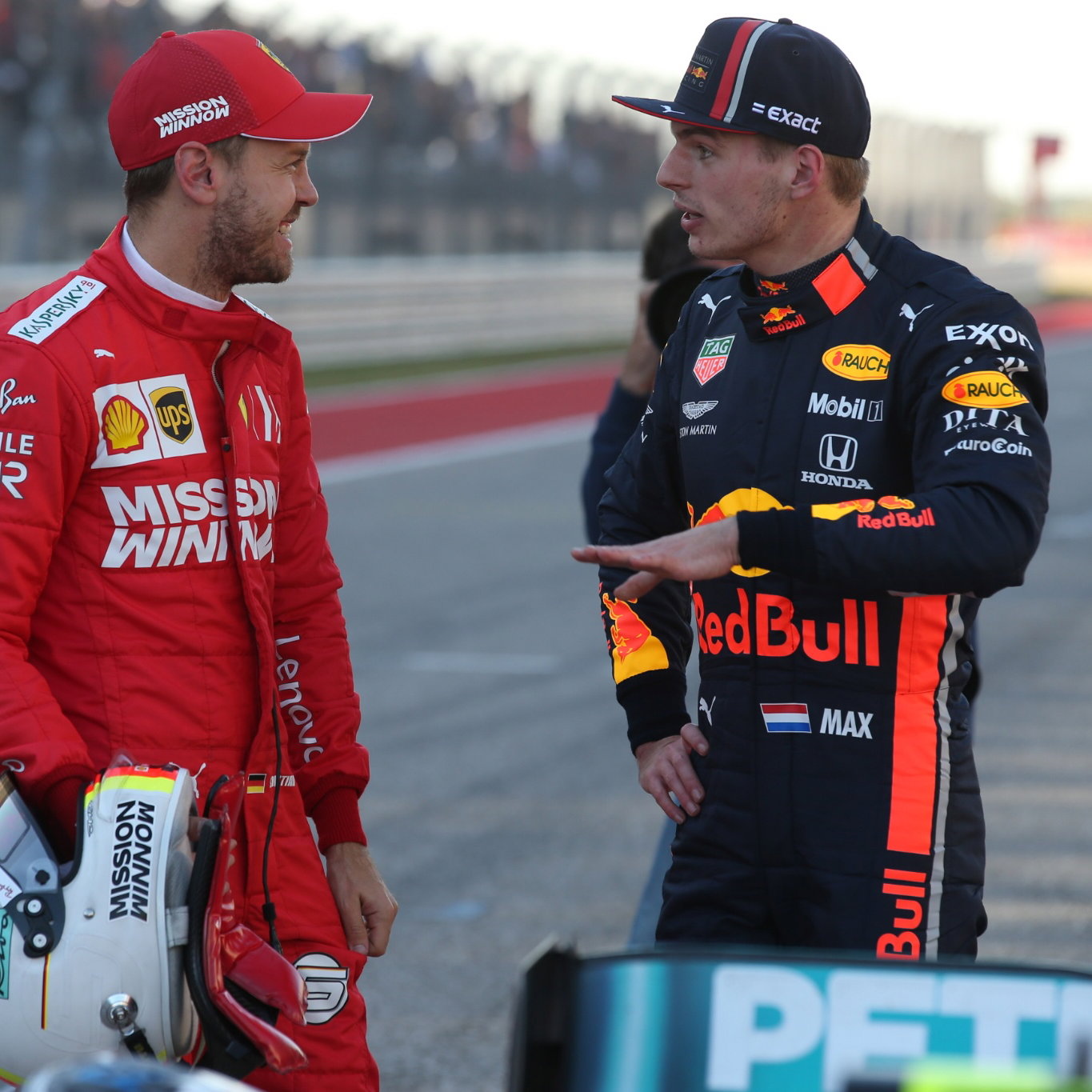 - Parc ferme, Sebastian Vettel (GER) Scuderia Ferrari SF90 and Max Verstappen (NED) Red Bull Racing