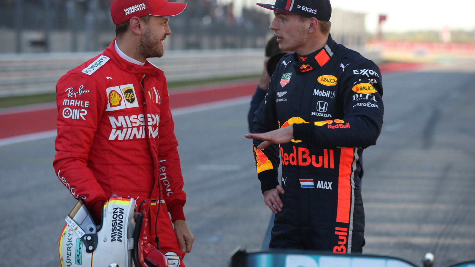 - Parc ferme, Sebastian Vettel (GER) Scuderia Ferrari SF90 and Max Verstappen (NED) Red Bull Racing