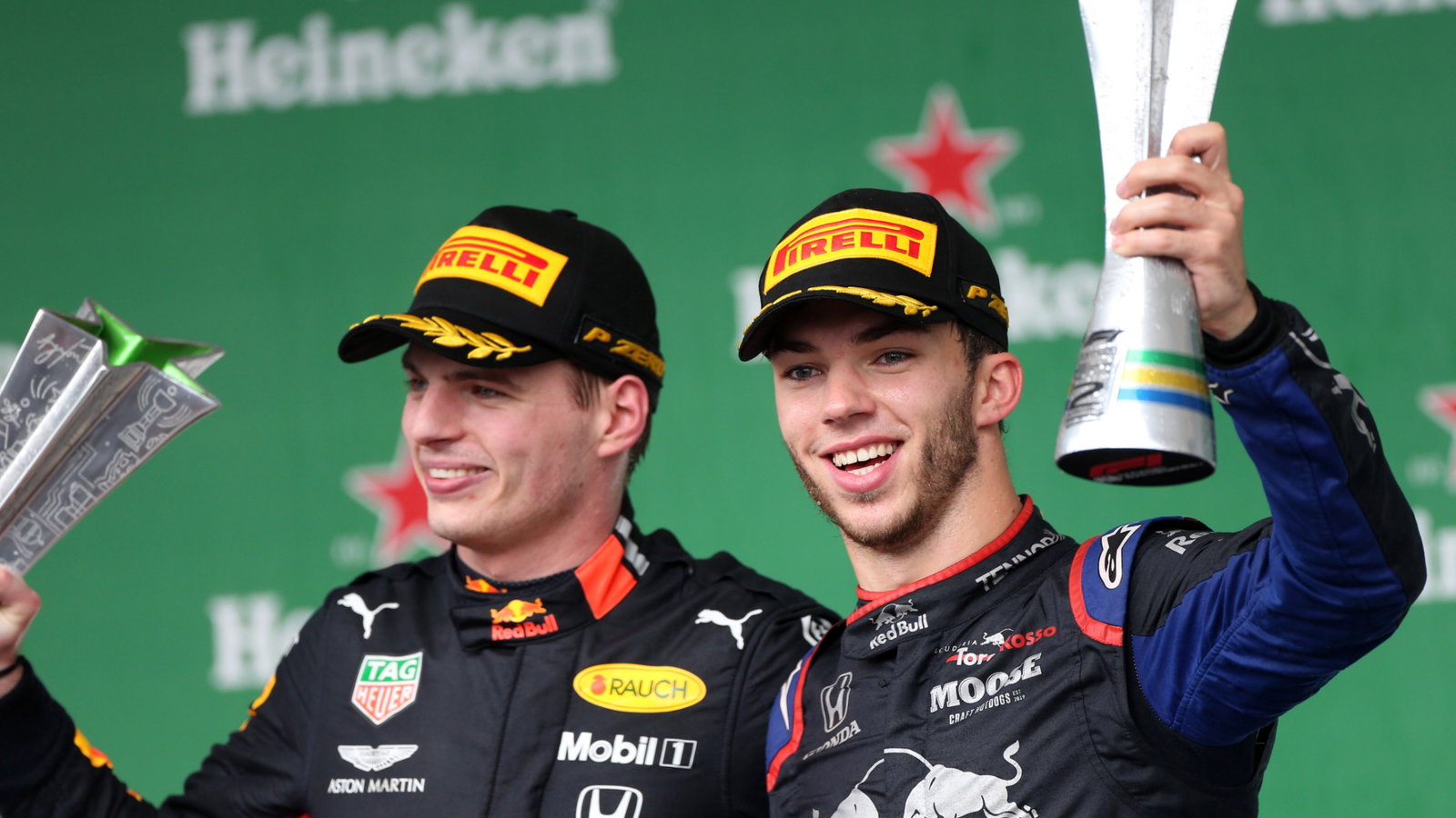  - Race, Max Verstappen (NED) Red Bull Racing RB15 race winner and 2Ã  Pierre Gasly (FRA) Scuderia Toro Rosso