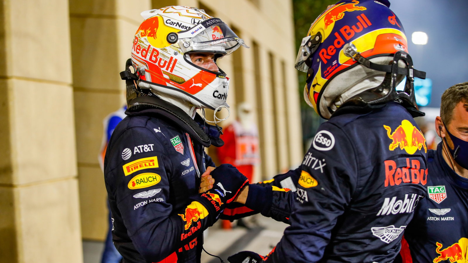(L to R): Max Verstappen (NLD) Red Bull Racing celebrates his second position with third placed team mate Alexander Albon