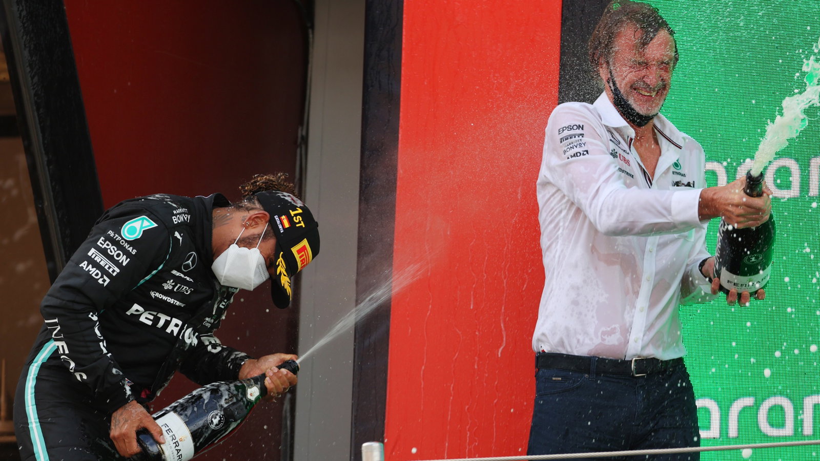 1st place Lewis Hamilton (GBR) Mercedes AMG F1 with Sir Jim Ratcliffe Chief Executive Officer of