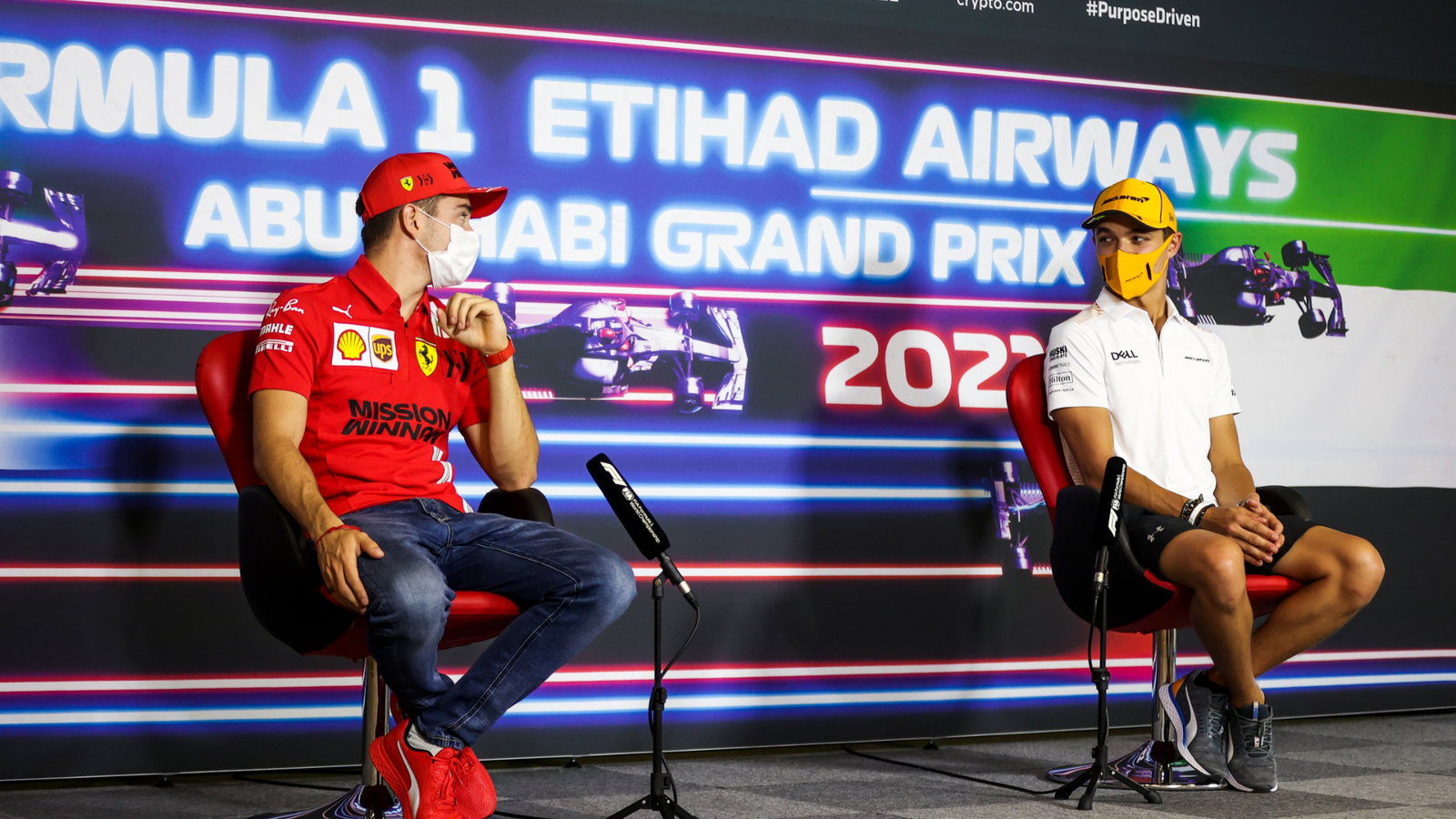 (L to R): Charles Leclerc (MON) Ferrari and Lando Norris (GBR) McLaren in the FIA Press
