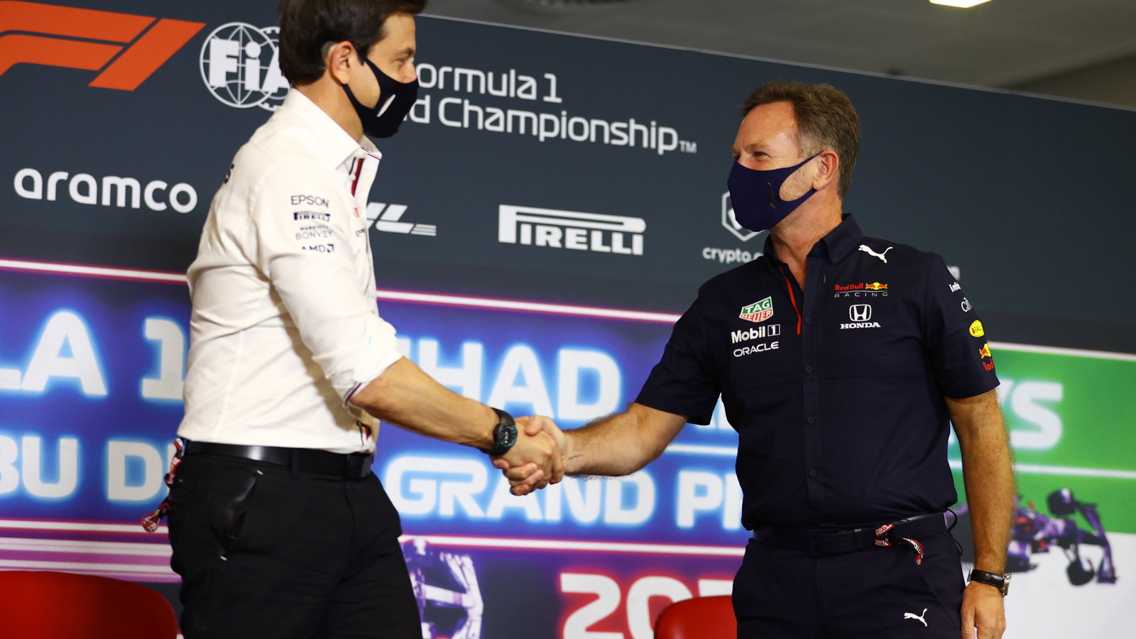 (L to R): Toto Wolff (GER) Mercedes AMG F1 Shareholder and Executive Director and Christian Horner (GBR) Red Bull Racing