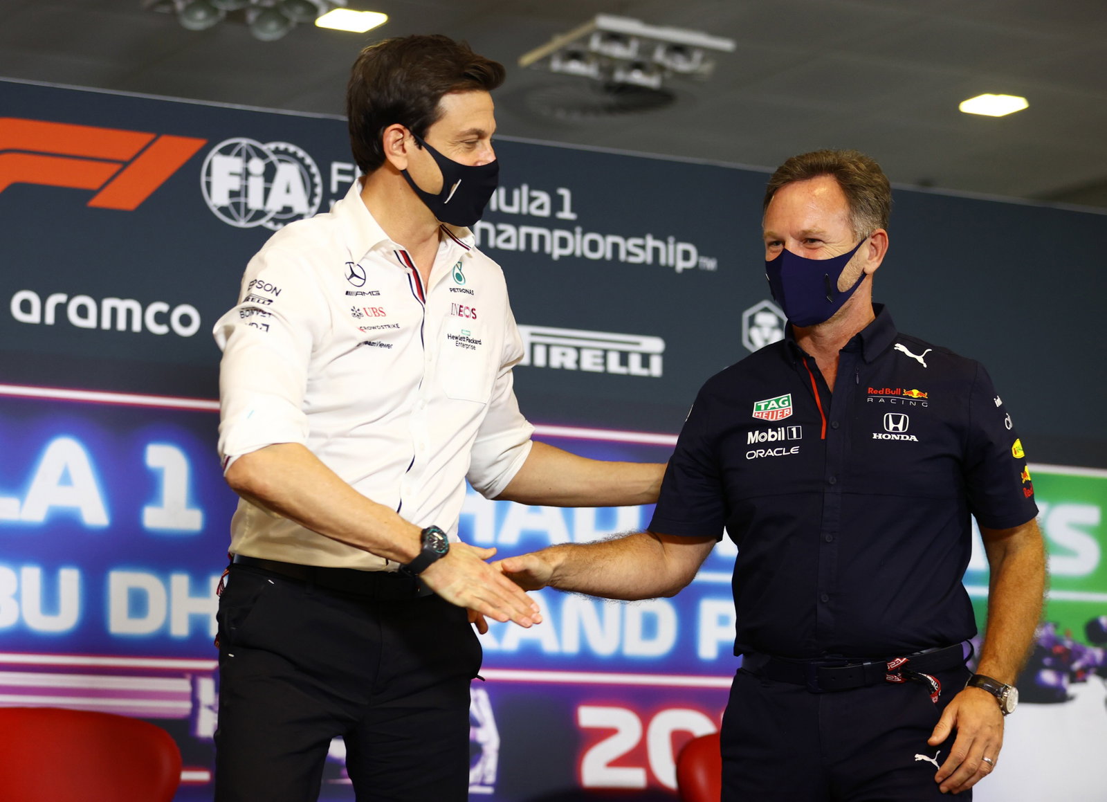 (L to R): Toto Wolff (GER) Mercedes AMG F1 Shareholder and Executive Director and Christian Horner (GBR) Red Bull Racing