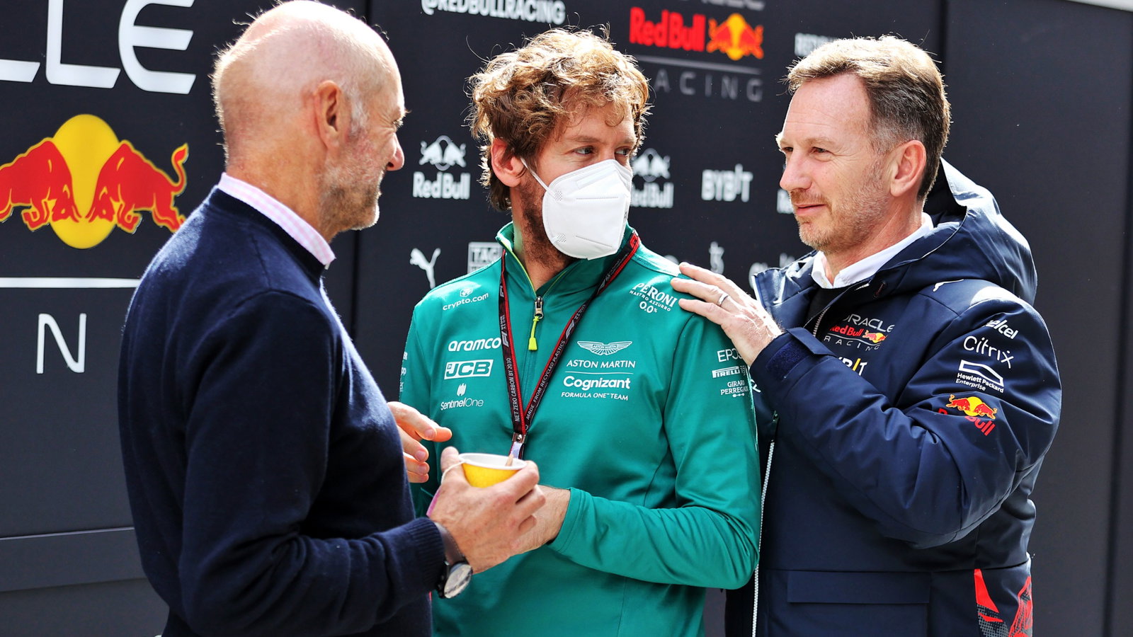 (L to R): Adrian Newey (GBR) Red Bull Racing Chief Technical Officer with Sebastian Vettel (GER) Aston Martin F1 Team and
