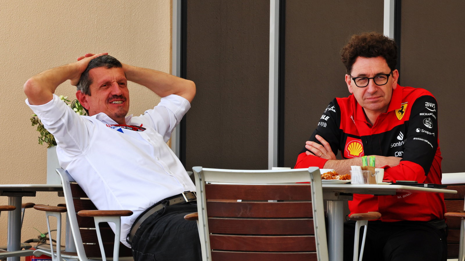 (L to R): Guenther Steiner (ITA) Haas F1 Team Prinicipal with Mattia Binotto (ITA) Ferrari Team
