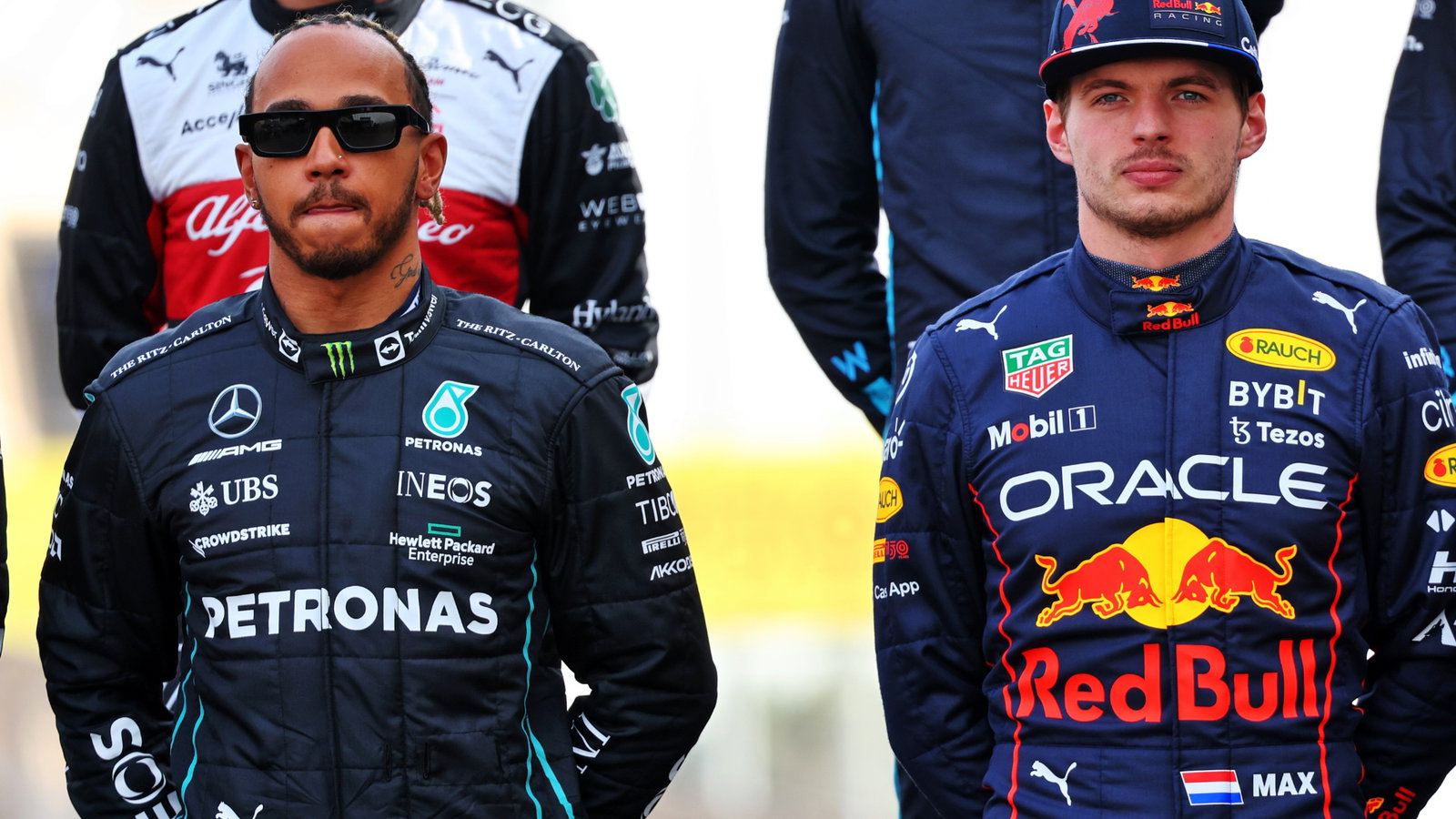(L to R): Lewis Hamilton (GBR) Mercedes AMG F1 and Max Verstappen (NLD) Red Bull Racing at the start of season driver's