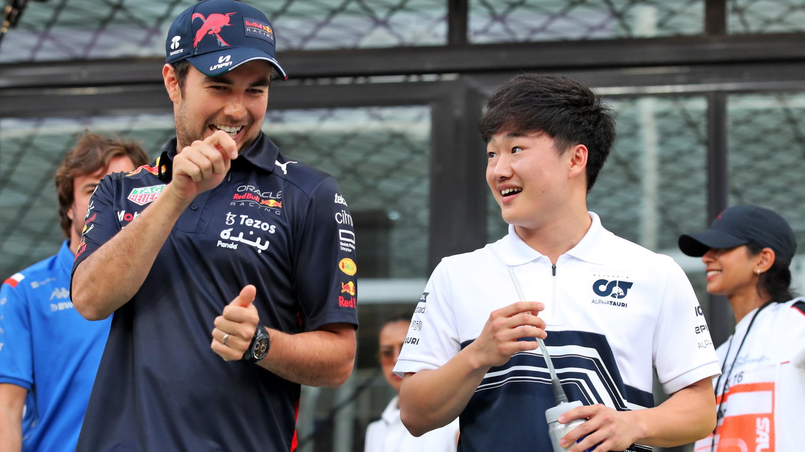(L to R): Sergio Perez (MEX) Red Bull Racing and Yuki Tsunoda (JPN) AlphaTauri on the drivers