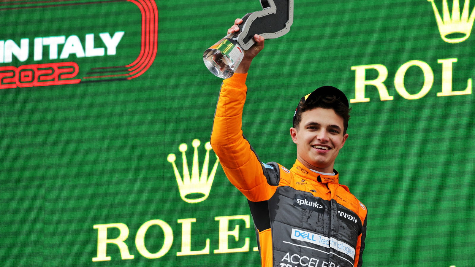 Lando Norris (GBR) McLaren celebrates his third position on the podium. Formula 1 World Championship, Rd 4, Emilia Romagna