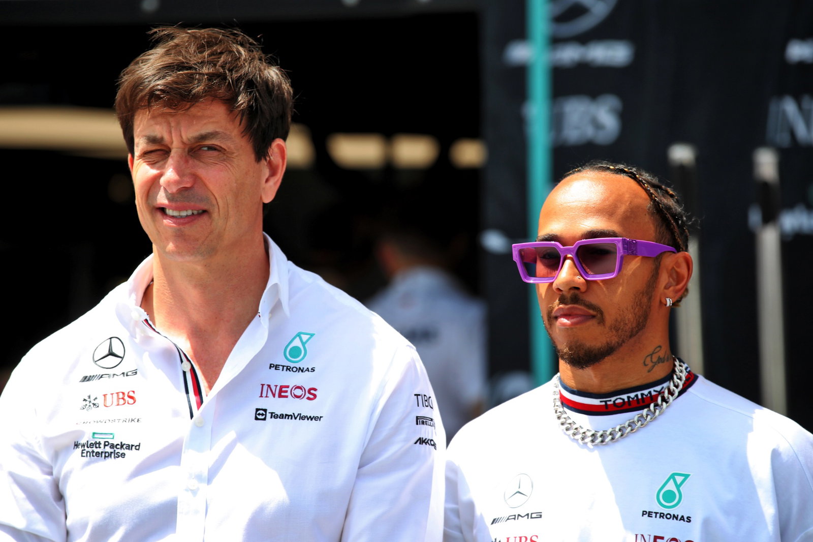 (L to R): Toto Wolff (GER) Mercedes AMG F1 Shareholder and Executive Director with Lewis Hamilton (GBR) Mercedes AMG F1.
