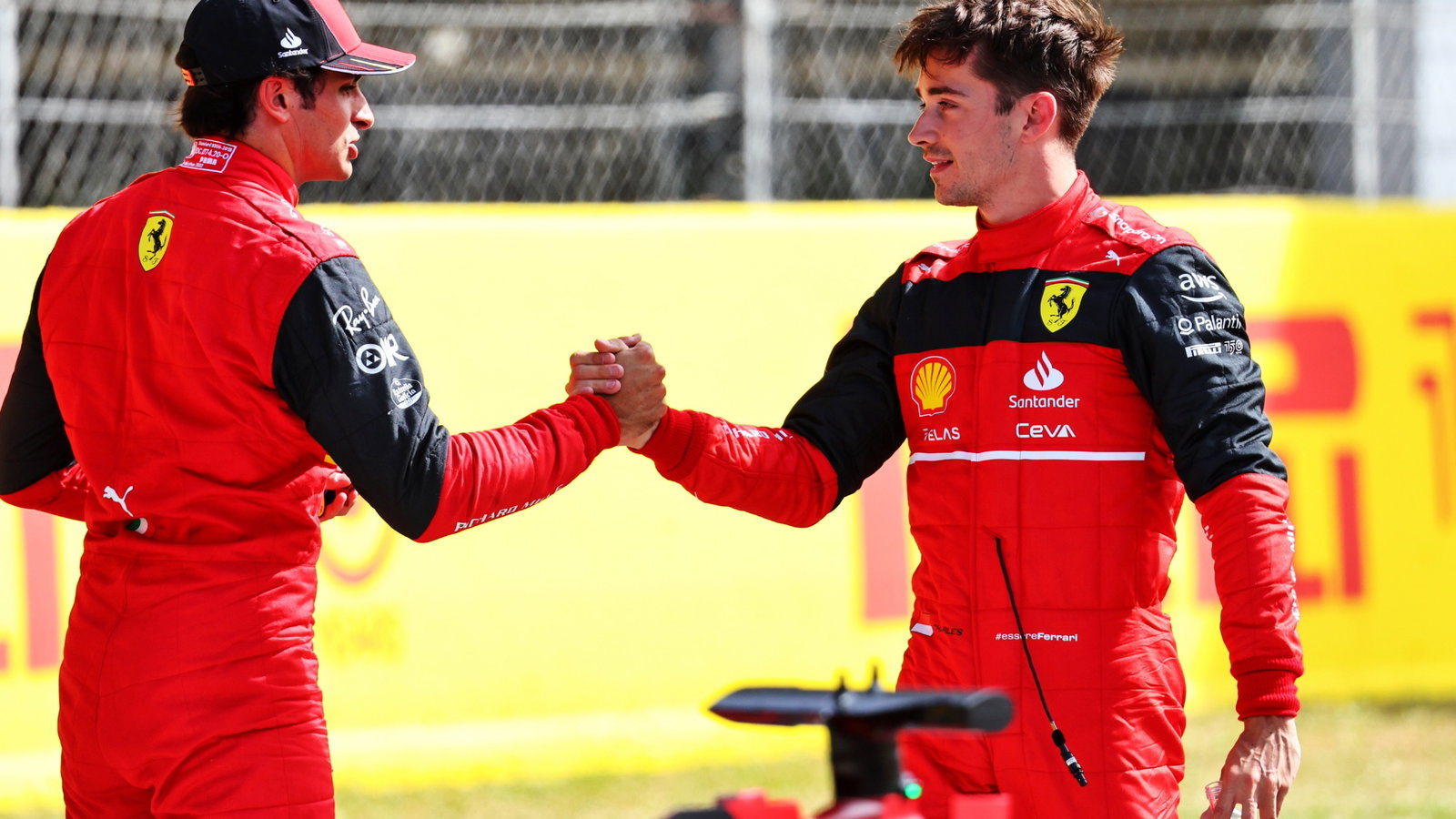 Charles Leclerc (MON) Ferrari (Right) celebrates his pole position in qualifying parc ferme with third placed team mate