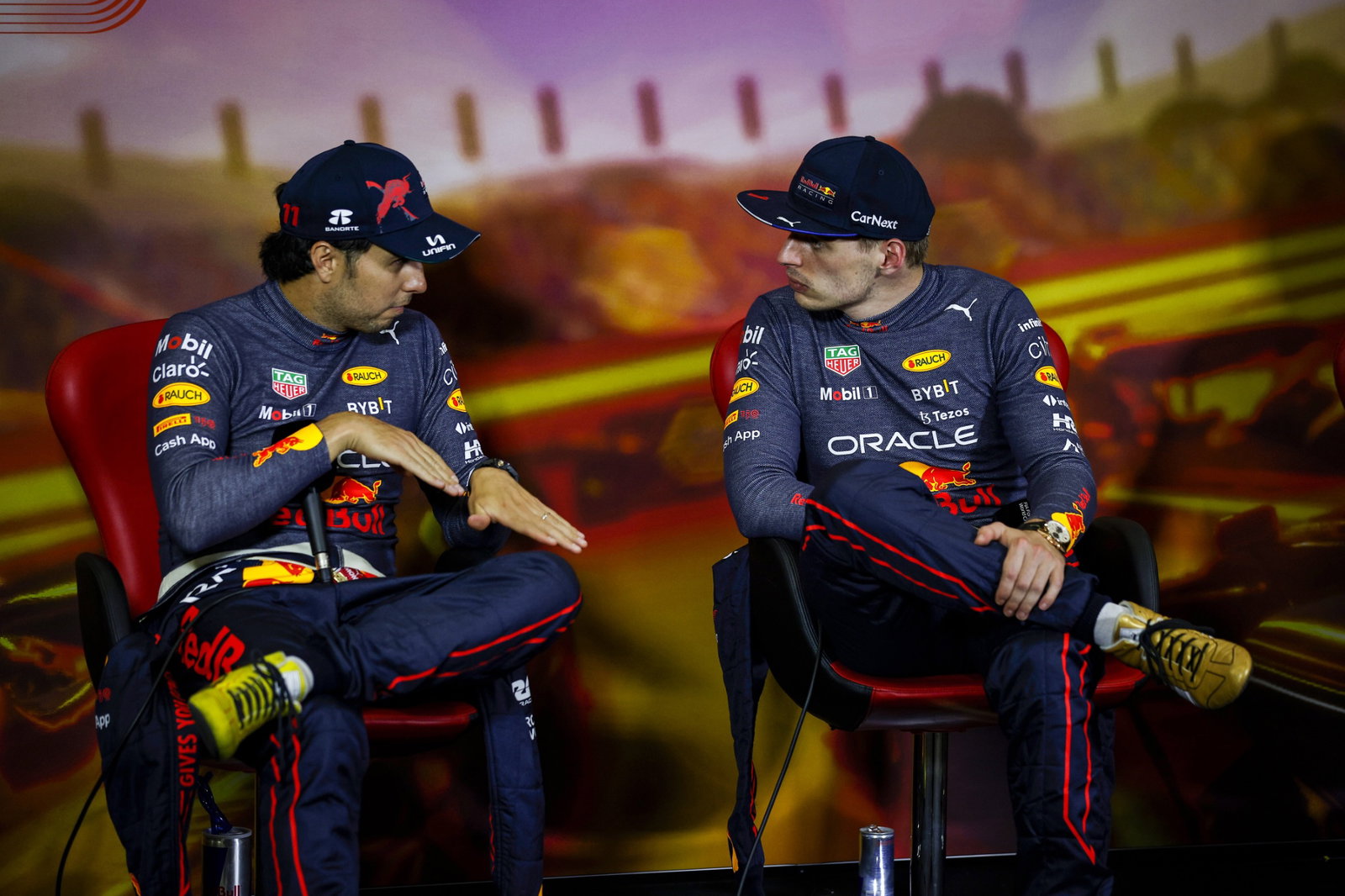 (L to R): Sergio Perez (MEX) Red Bull Racing with Max Verstappen (NLD) Red Bull Racing in the post race FIA Press