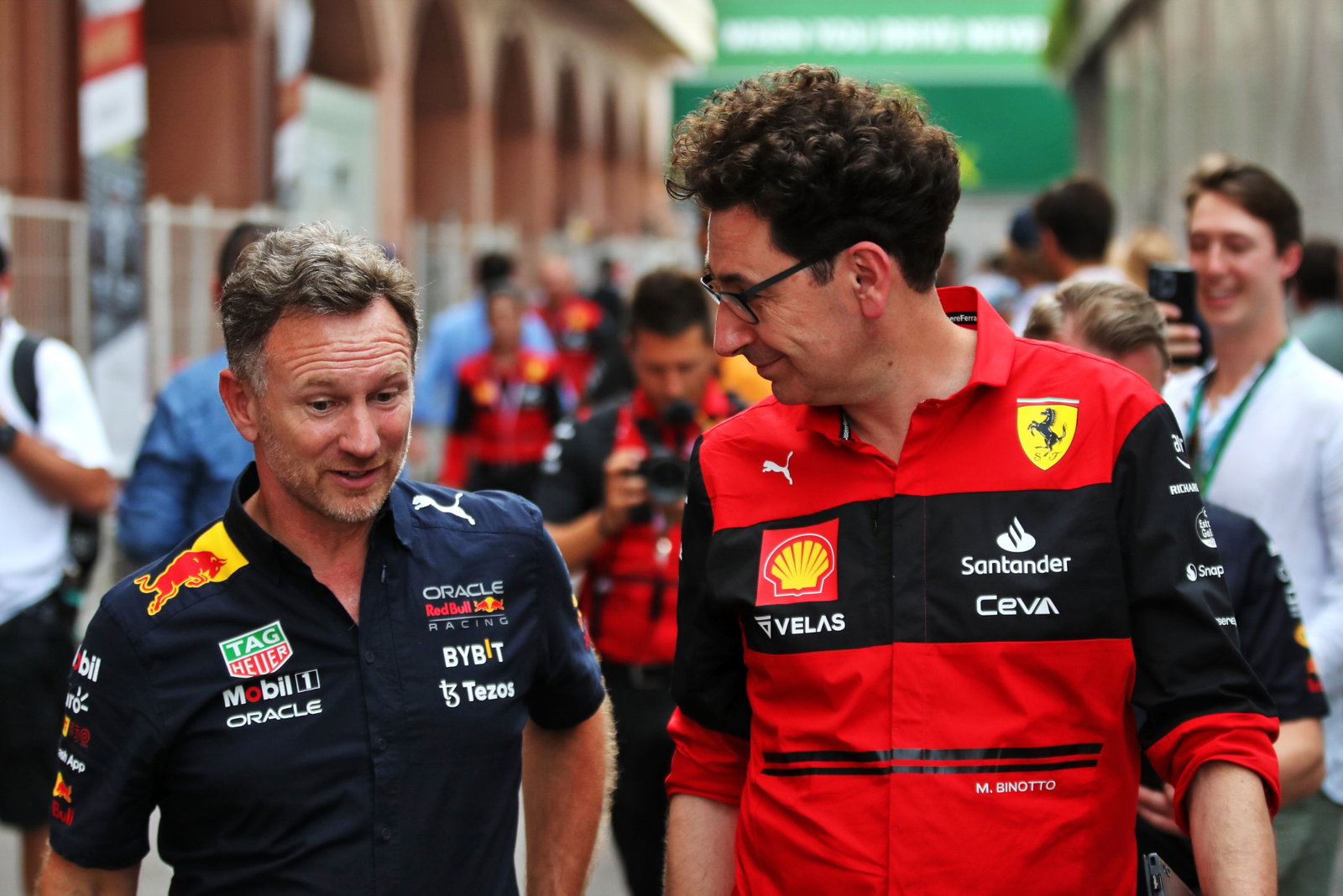 (L to R): Christian Horner (GBR) Red Bull Racing Team Principal with Mattia Binotto (ITA) Ferrari Team Principal. Formula