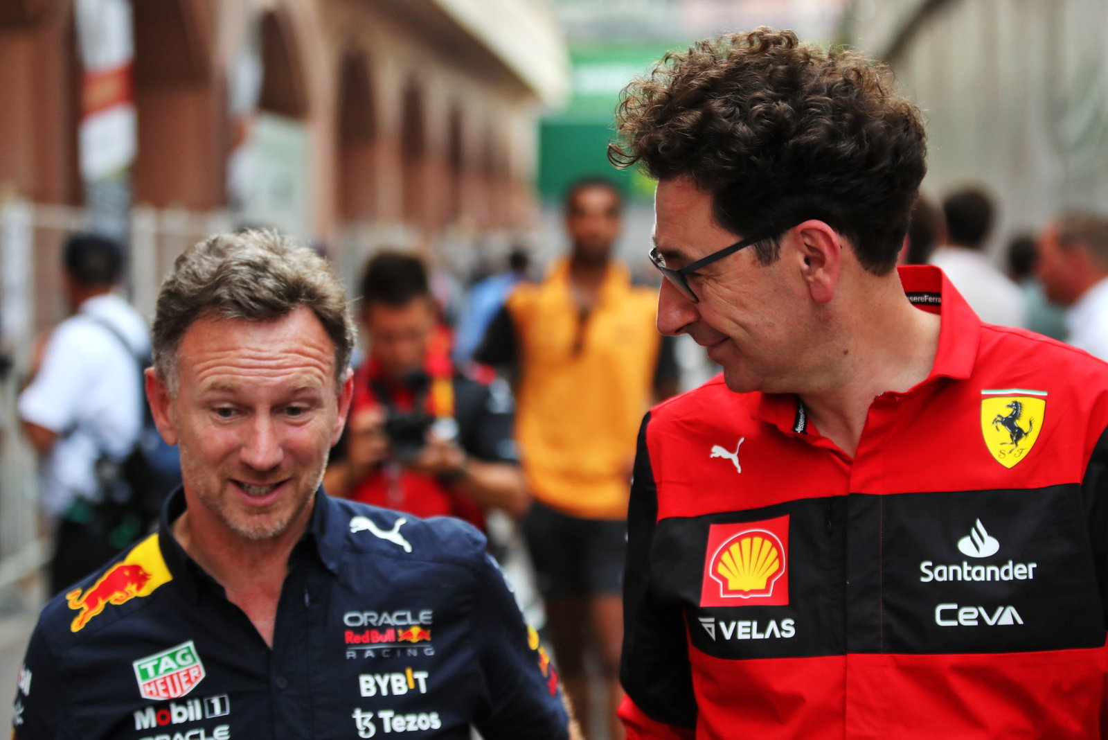 (L to R): Christian Horner (GBR) Red Bull Racing Team Principal with Mattia Binotto (ITA) Ferrari Team Principal. Formula
