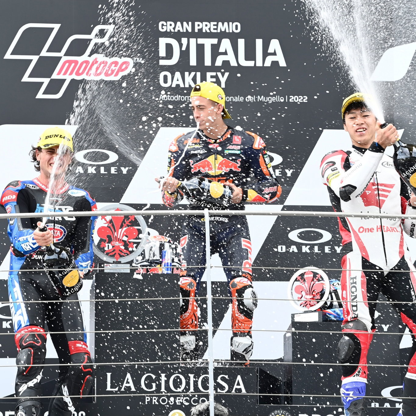Pedro Acosta, Joe Roberts, Ai Ogura podium, Moto2 race, Italian MotoGP, 29 May