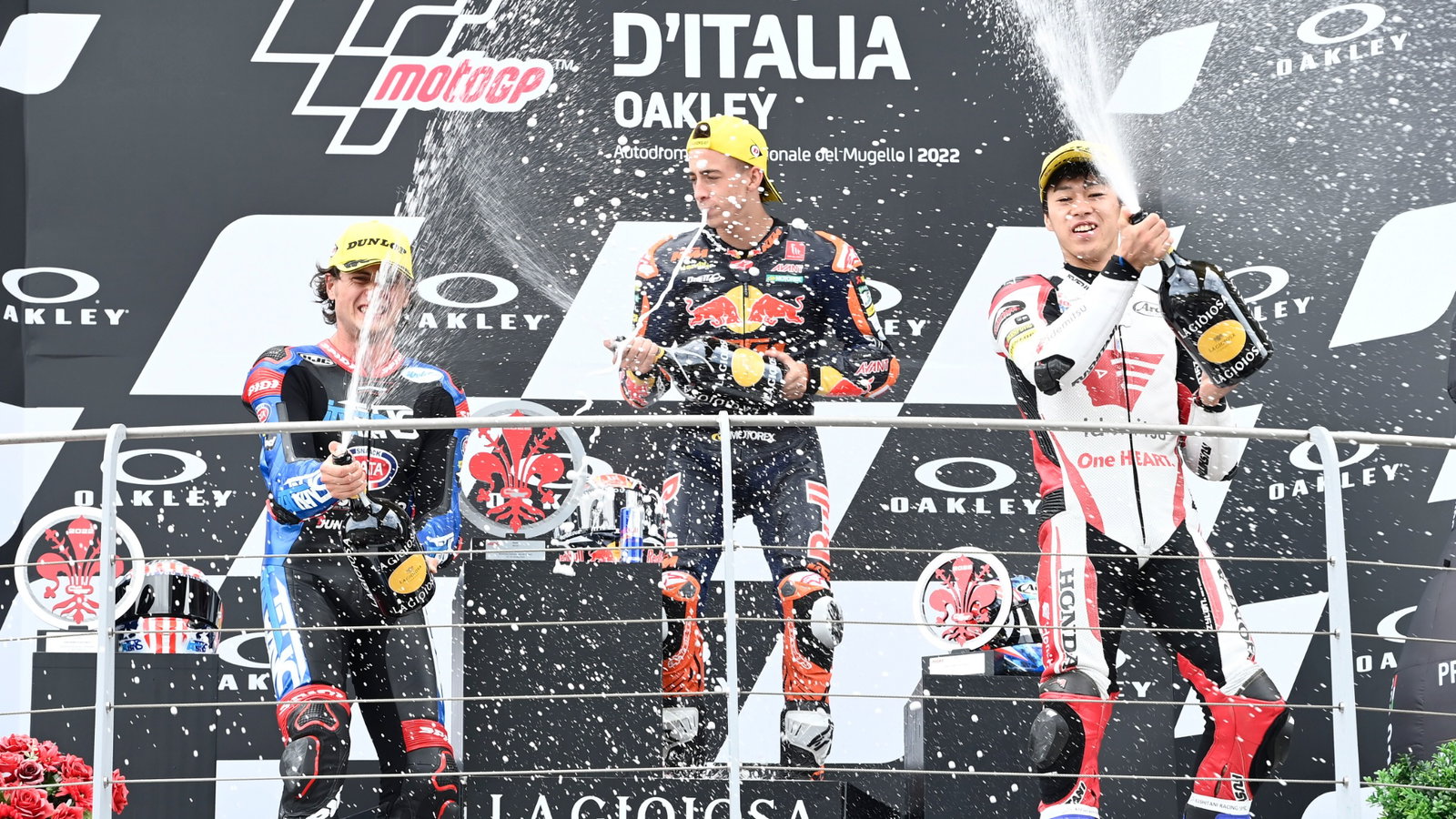 Pedro Acosta, Joe Roberts, Ai Ogura podium, Moto2 race, Italian MotoGP, 29 May