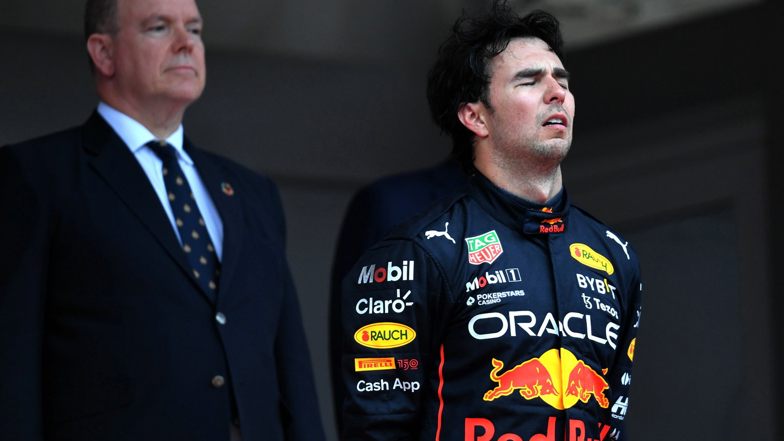 Race winner Sergio Perez (MEX) Red Bull Racing celebrates on the podium. Formula 1 World Championship, Rd 7, Monaco Grand