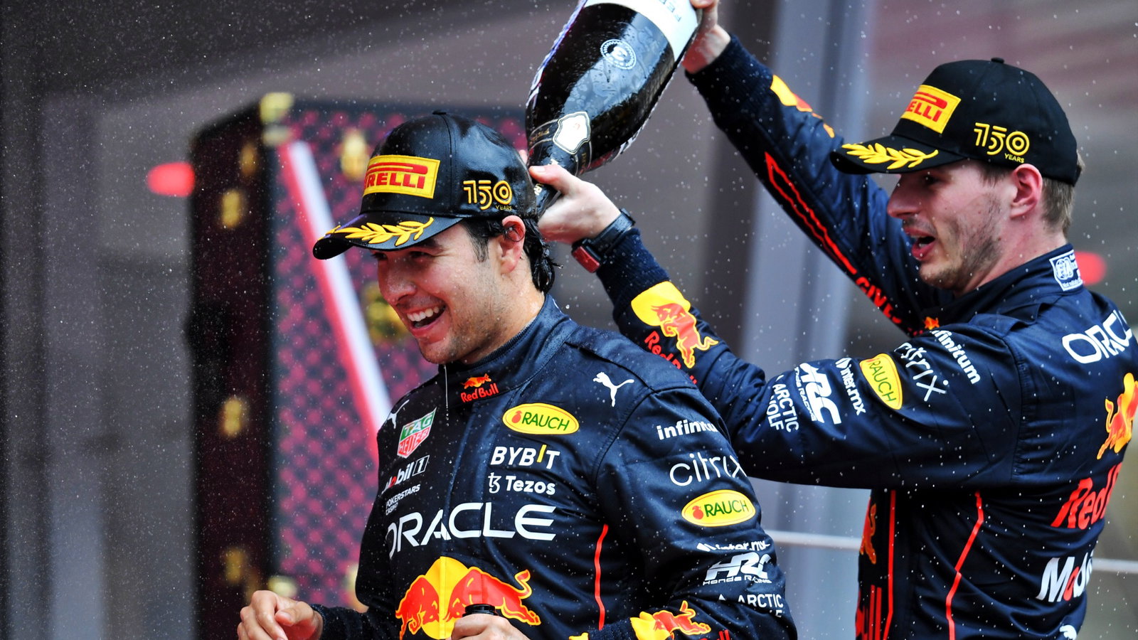 (L to R): Race winner Sergio Perez (MEX) Red Bull