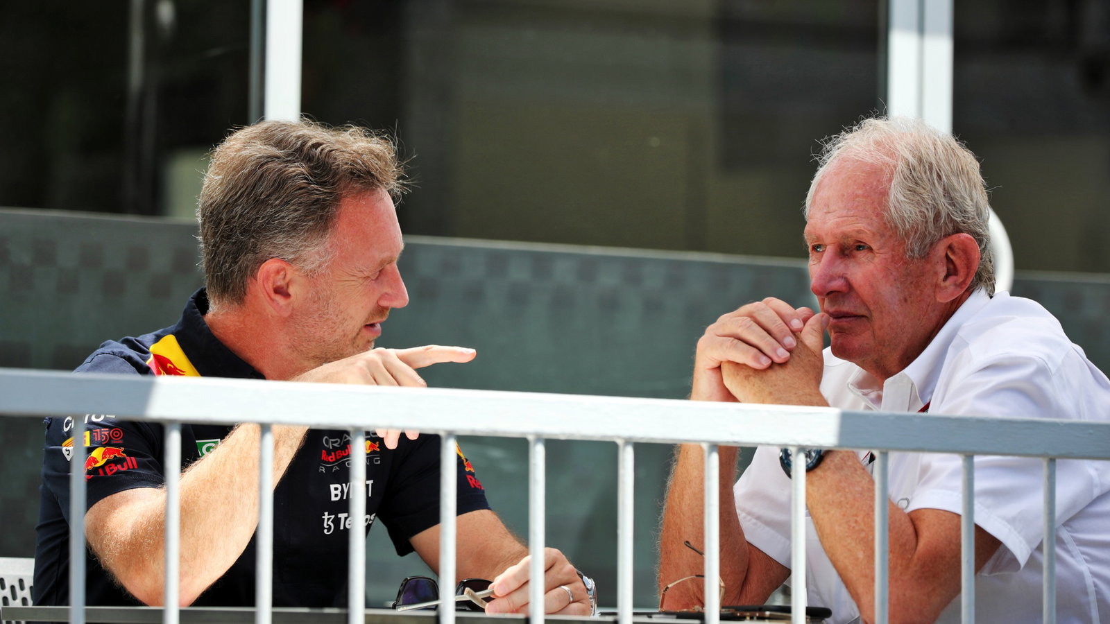 (L to R): Christian Horner (GBR) Red Bull Racing Team Principal with Dr Helmut Marko (AUT) Red Bull Motorsport Consultant.
