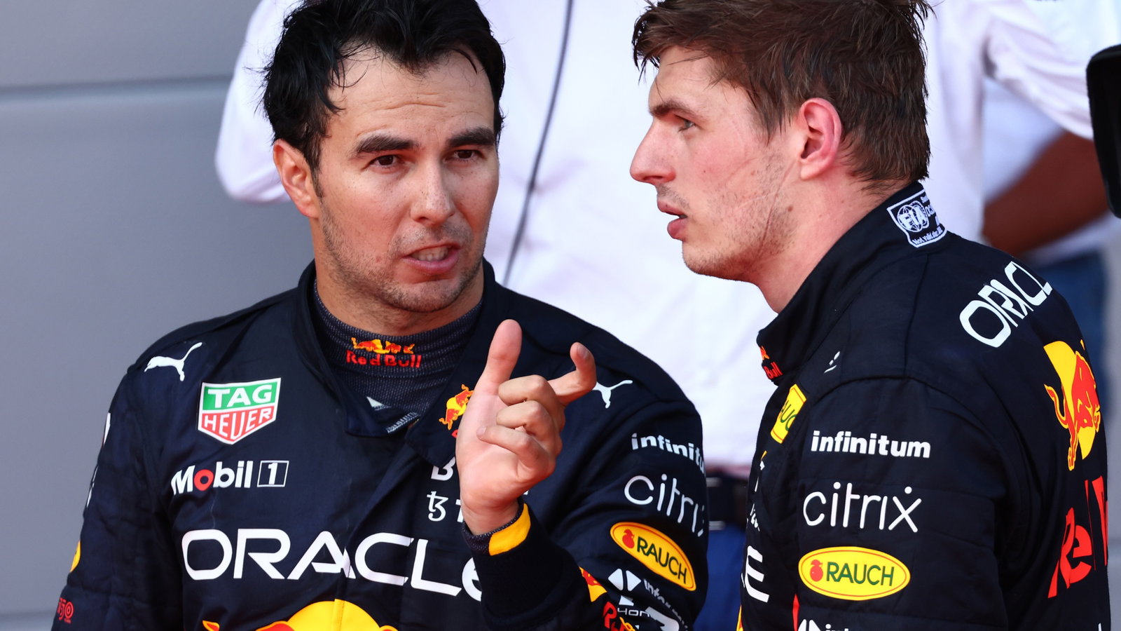 Sergio Perez (MEX) Red Bull Racing RB18 and Max Verstappen (NLD) Red Bull Racing RB18. Formula 1 World Championship, Rd 8,