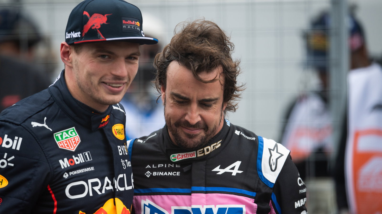 (L to R): Pole sitter Max Verstappen (NLD) Red Bull Racing in qualifying parc ferme with second placed Fernando Alonso (ESP)