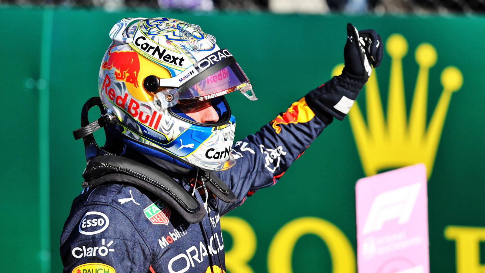 Max Verstappen (NLD) Red Bull Racing celebrates being fastest in qualifying in parc ferme. Formula 1 World Championship,