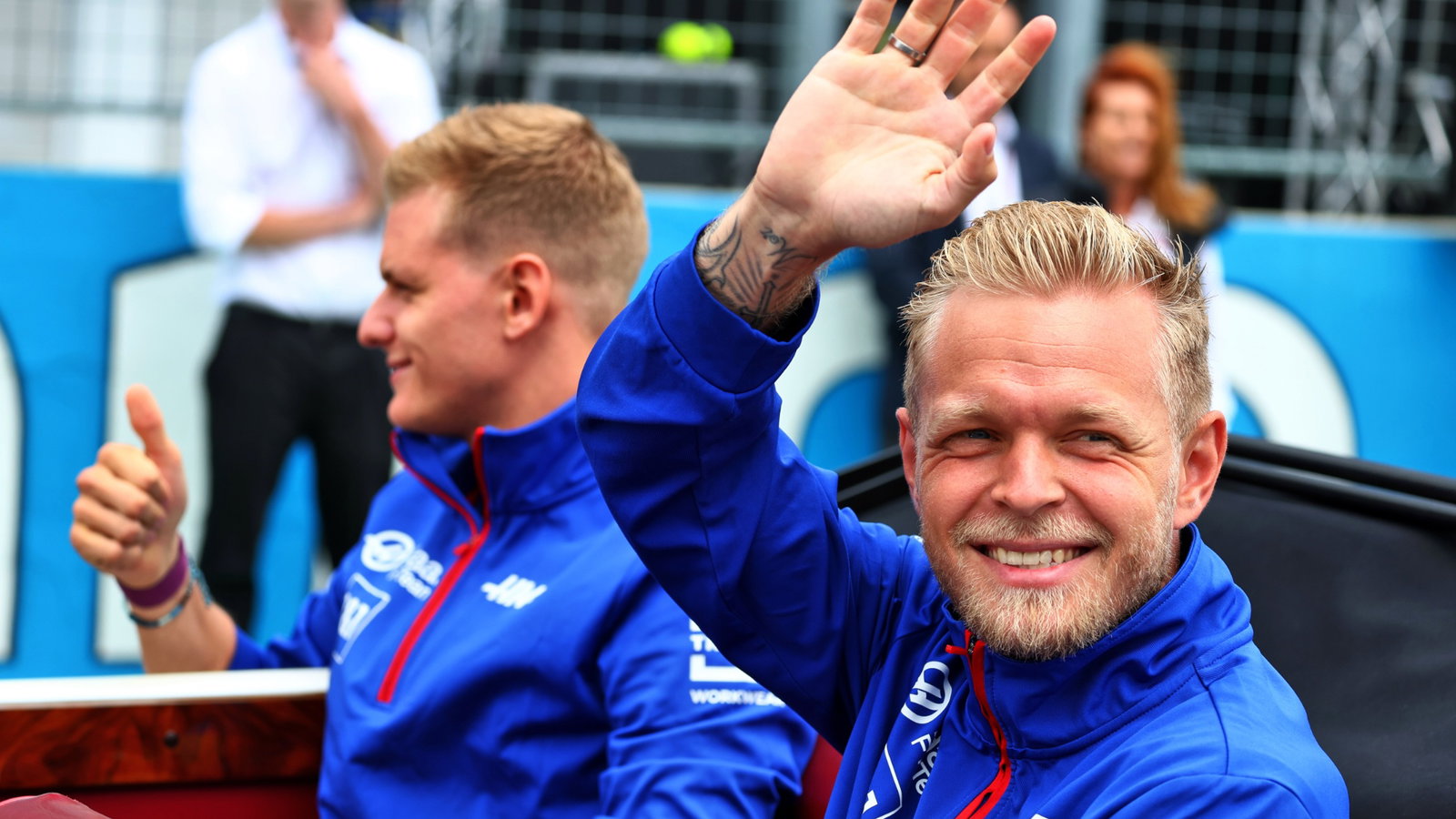 Kevin Magnussen (DEN) Haas F1 Team and Mick Schumacher (GER) Haas F1 Team on the drivers parade. Formula 1 World