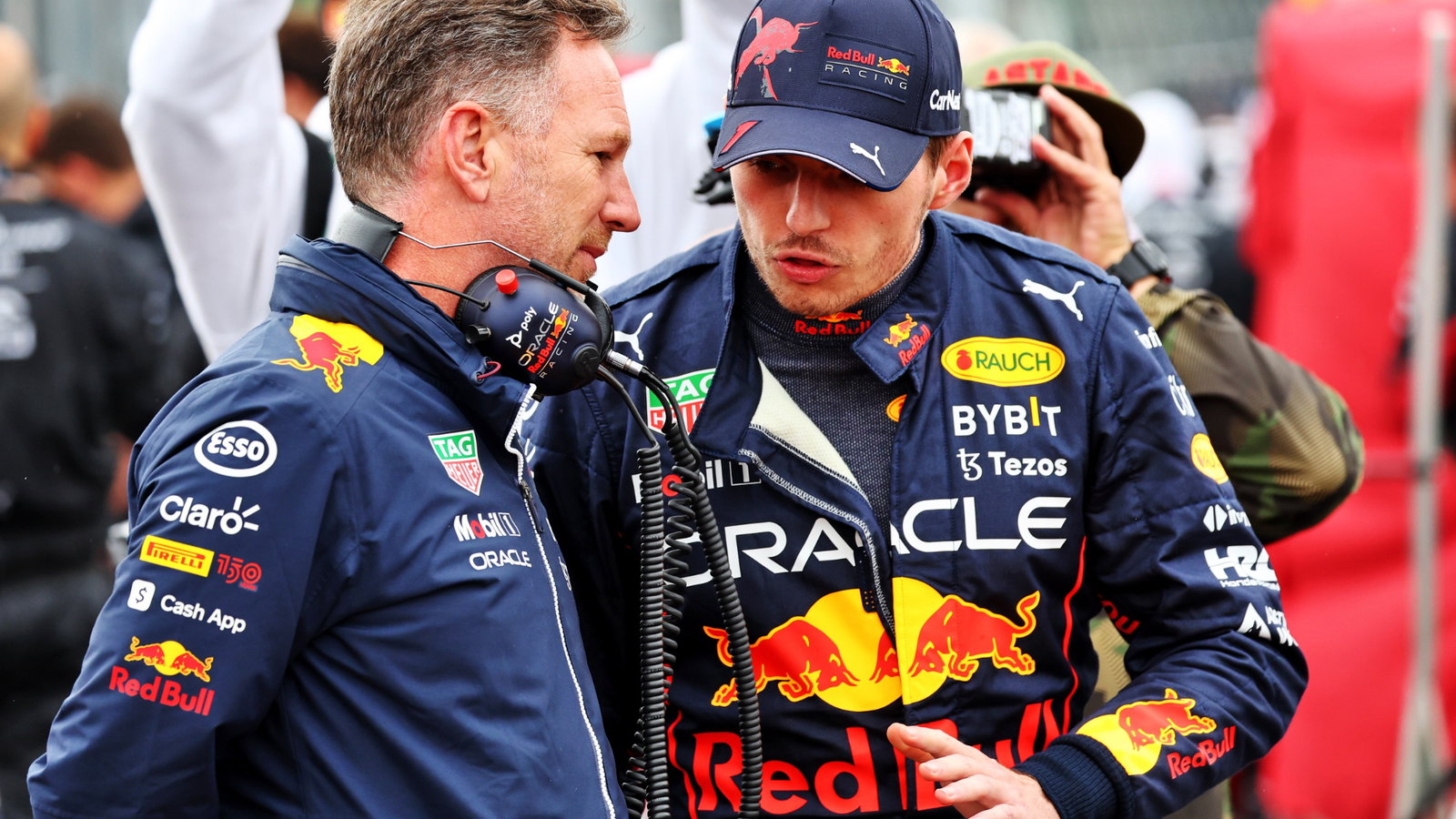 (L to R): Christian Horner (GBR) Red Bull Racing Team Principal with Max Verstappen (NLD) Red Bull Racing on the grid.
