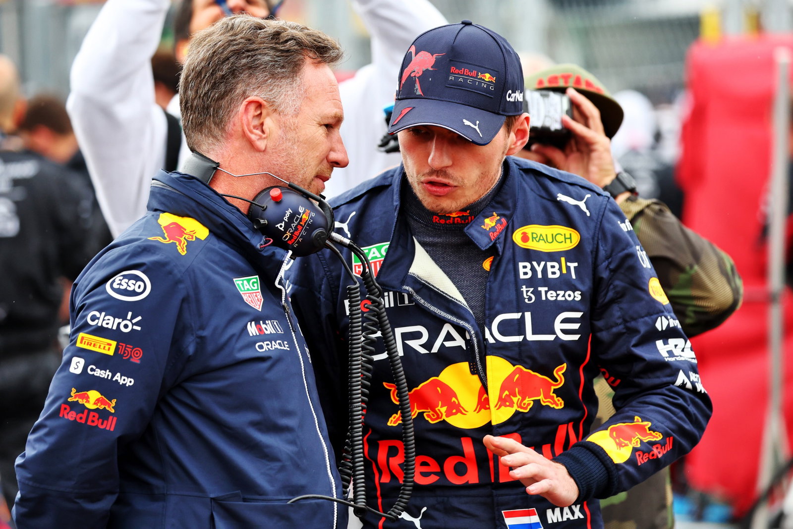 (L to R): Christian Horner (GBR) Red Bull Racing Team Principal with Max Verstappen (NLD) Red Bull Racing on the grid.
