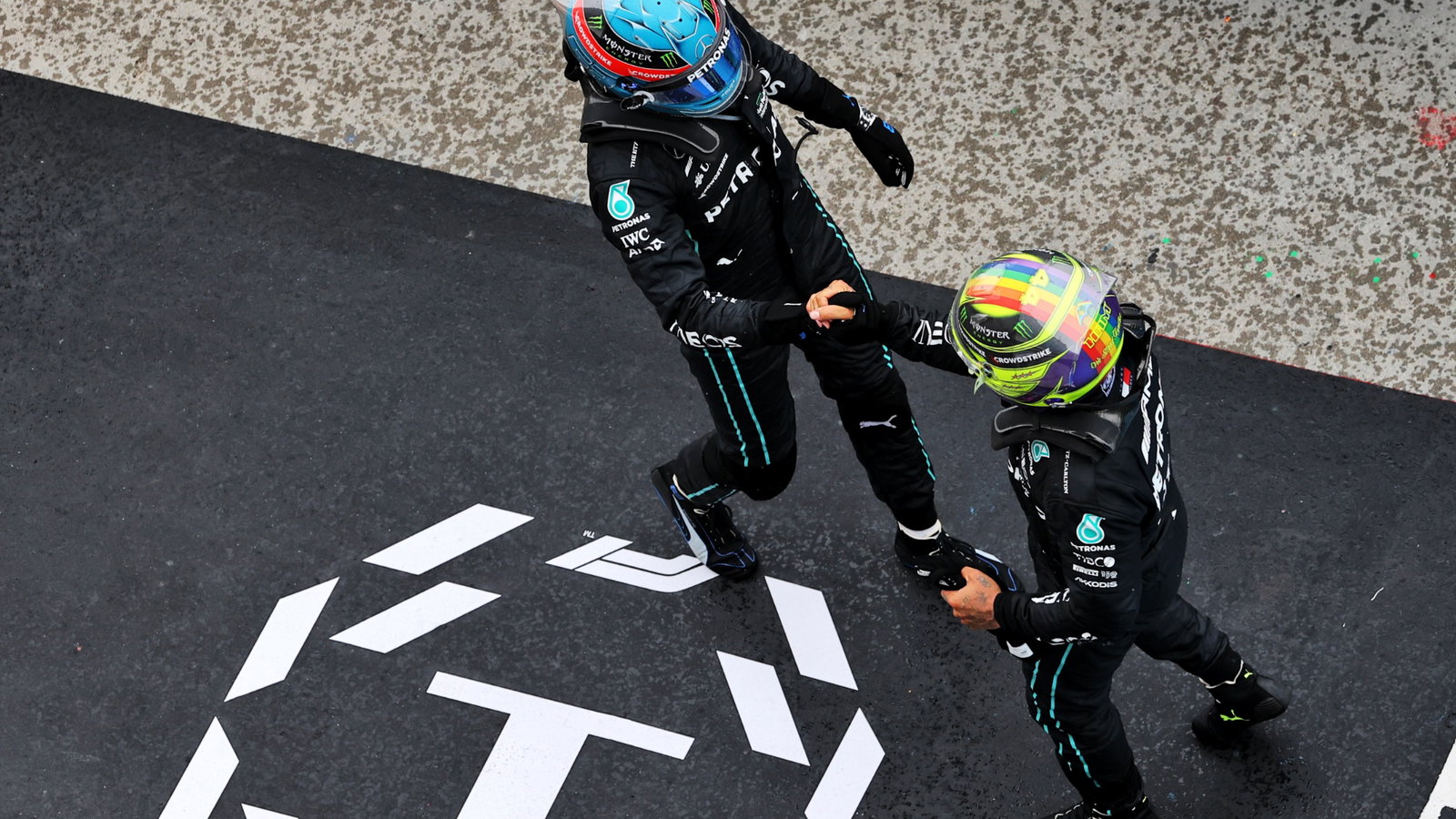 (L to R): George Russell (GBR) Mercedes AMG F1 celebrates his third position with second placed team mate Lewis Hamilton