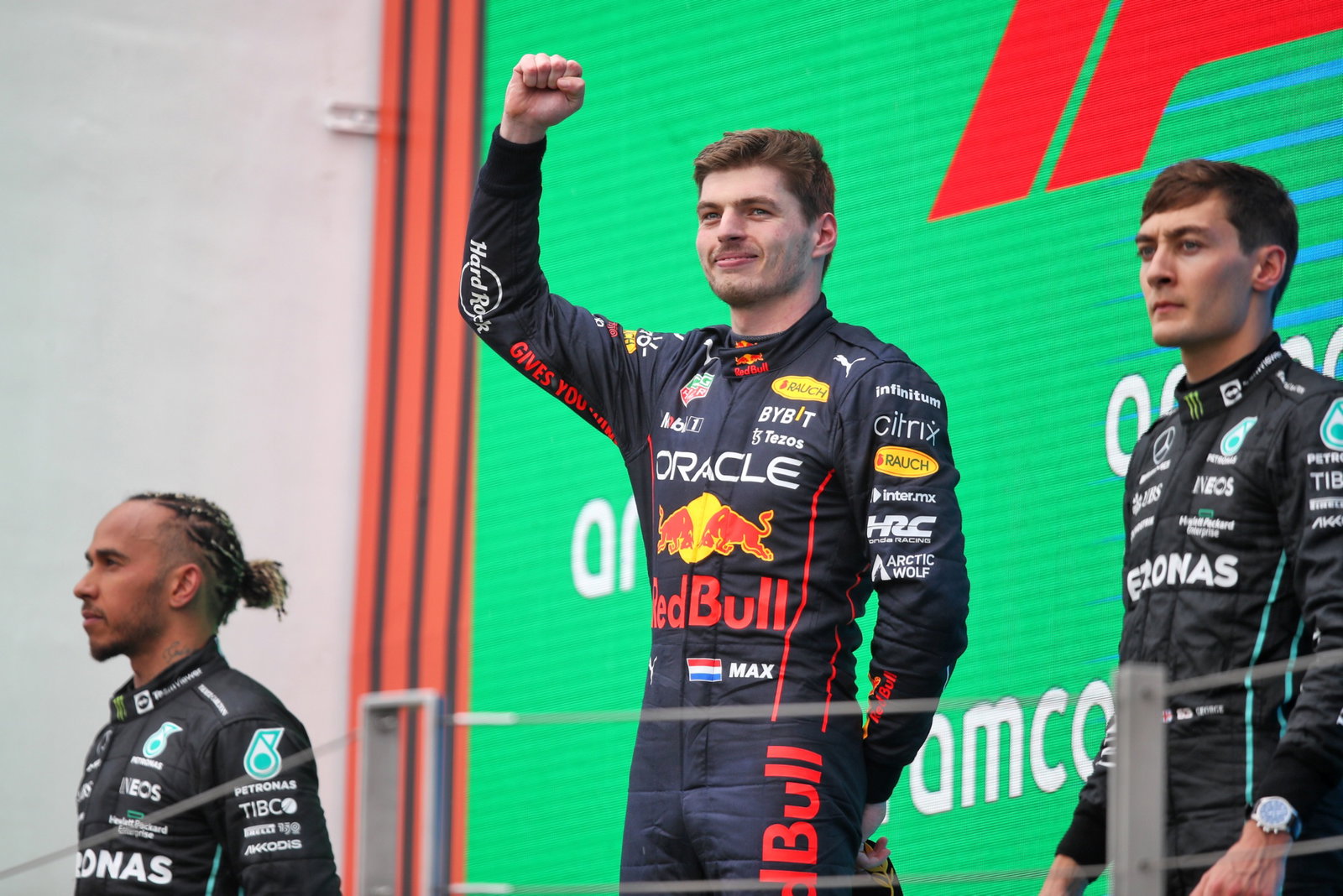 The podium (L to R): Lewis Hamilton (GBR) Mercedes AMG F1, second; Max Verstappen (NLD) Red Bull Racing, race winner; George