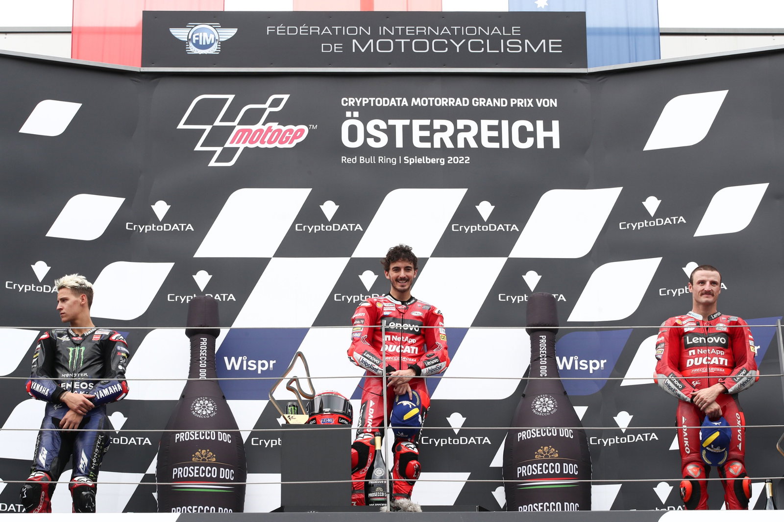 Francesco Bagnaia, Fabio] Quartararo, podium Jack Miller, balapan MotoGP, MotoGP Austria, 21 Agustus