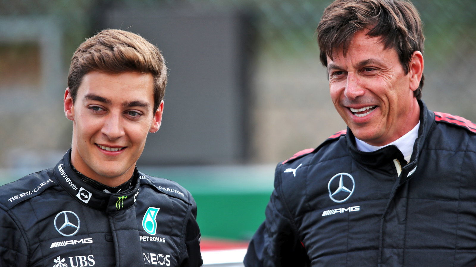 (L to R): George Russell (GBR) Mercedes AMG F1 and Toto Wolff (GER) Mercedes AMG F1 Shareholder and Executive Director.
