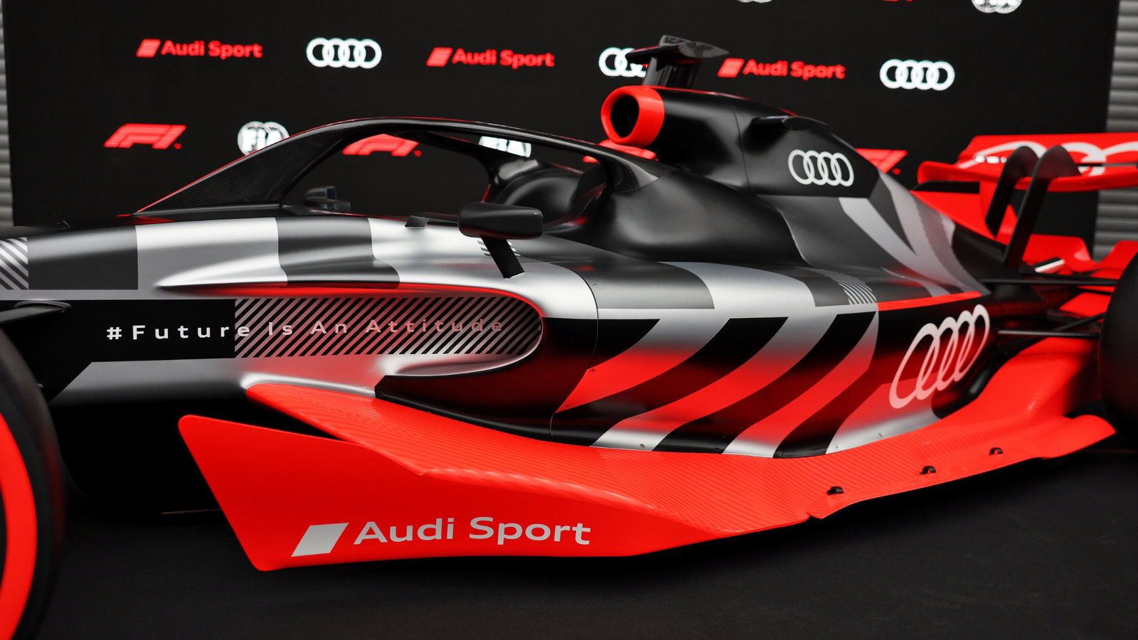 A showcar in the pits as Audi has officially registered as an F1 engine manufacturer for the 2026 regulations. Formula 1