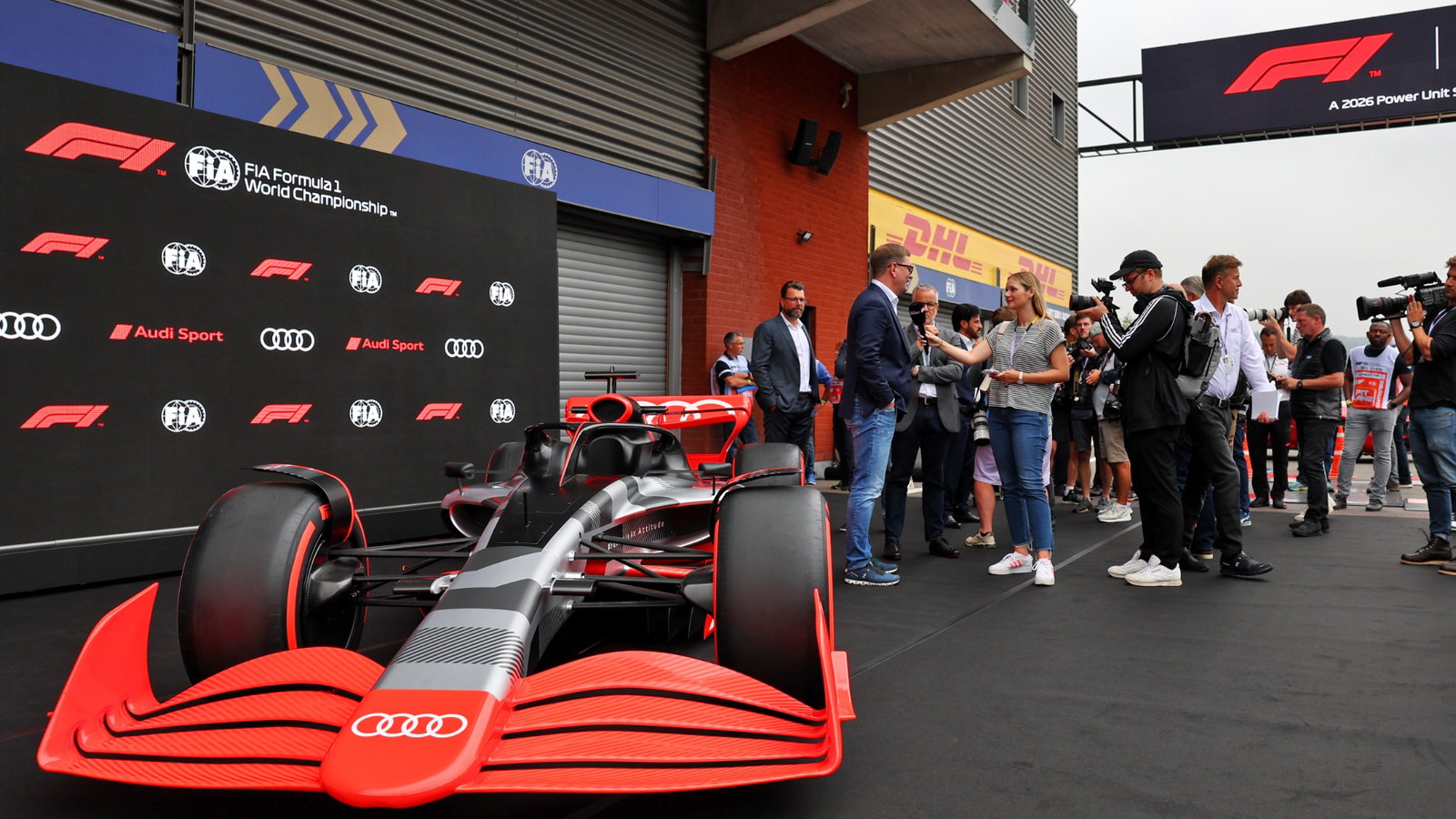 A showcar in the pits as Audi has officially registered as an F1 engine manufacturer for the 2026 regulations. Formula 1