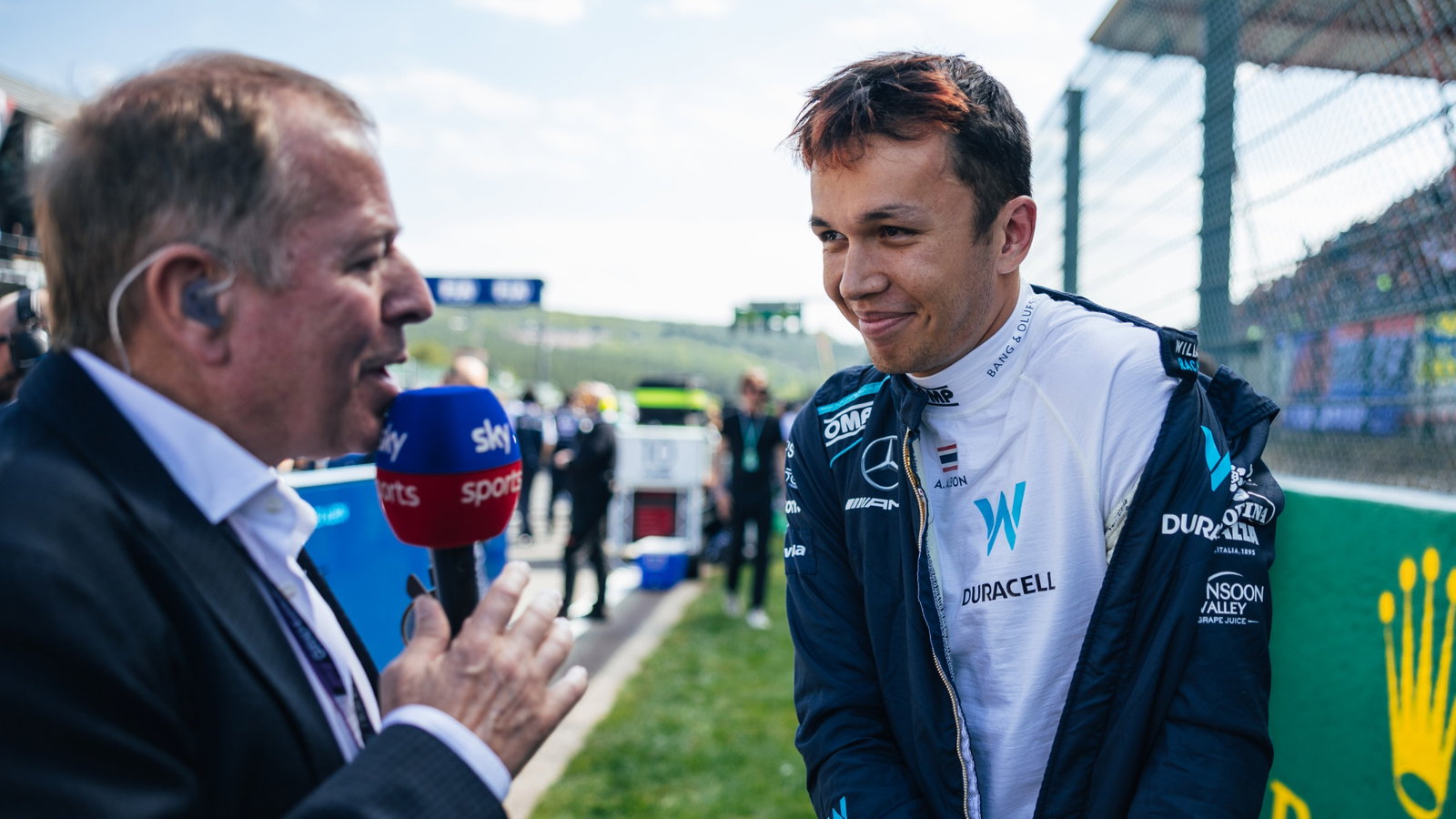 Alexander Albon (THA) Williams Racing with Martin Brundle (GBR) Sky Sports Commentator on the grid. Formula 1 World