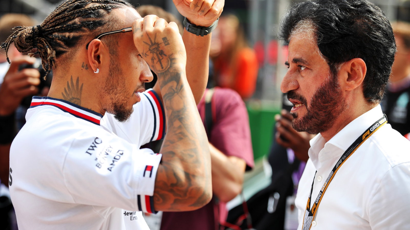(L to R): Mohammed Bin Sulayem (UAE) FIA President with Lewis Hamilton (GBR) Mercedes AMG F1 on the drivers parade.