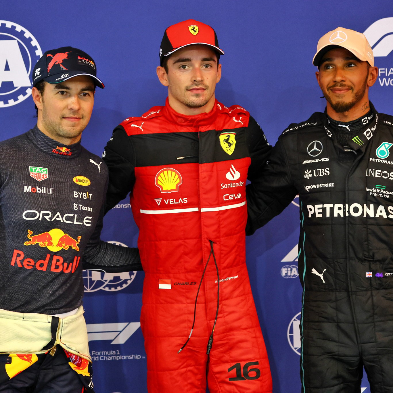 Sergio Perez (MEX) Red Bull Racing, second; Charles Leclerc (MON) Ferrari, pole