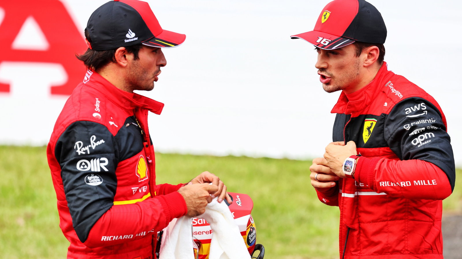 (L to R): Carlos Sainz Jr (ESP) Ferrari with team mate Charles Leclerc (MON) Ferrari in qualifying parc ferme. Formula 1