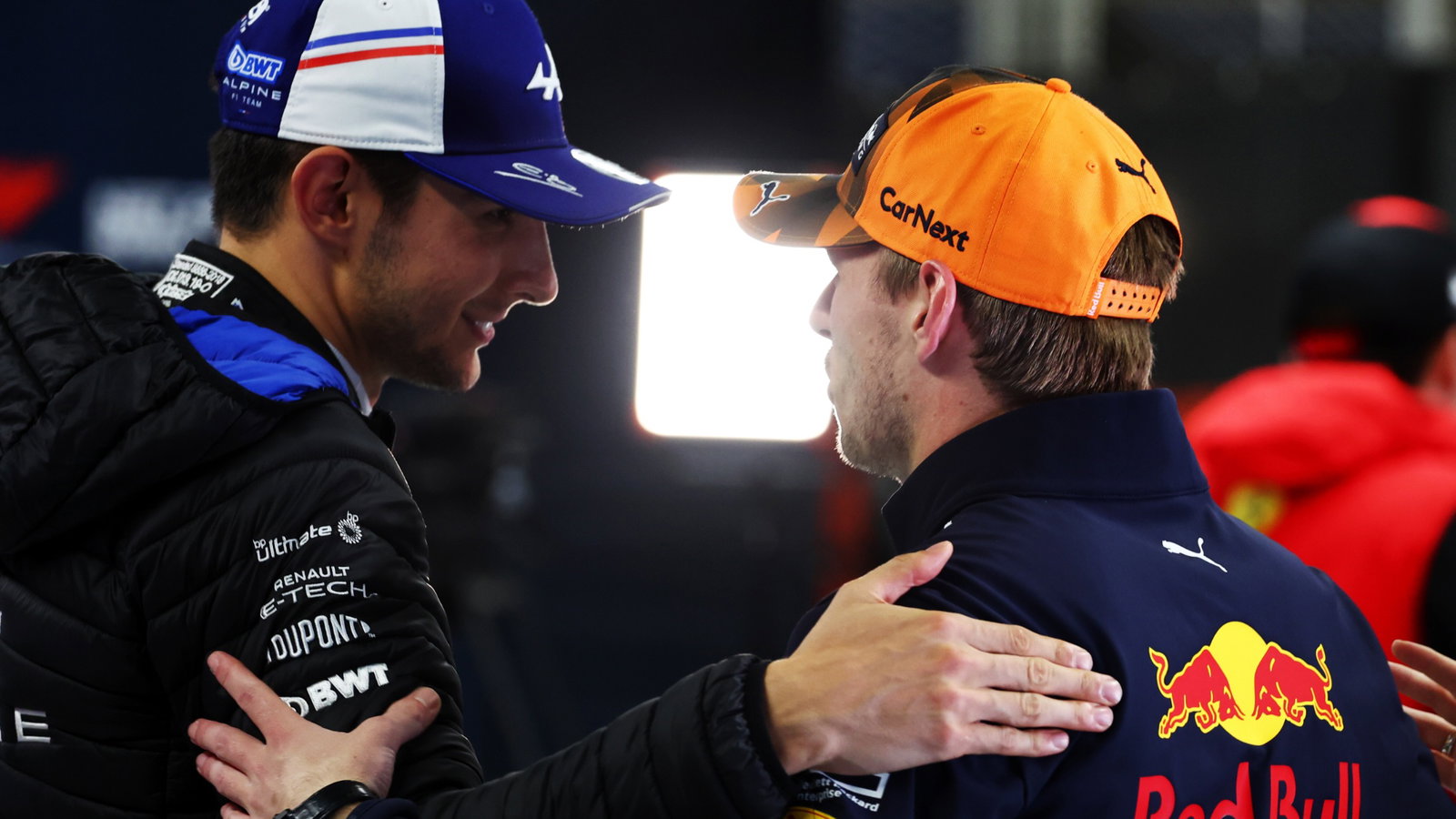 (L to R): Esteban Ocon (FRA) Alpine F1 Team with race winner and World Champion Max Verstappen (NLD) Red Bull Racing.
