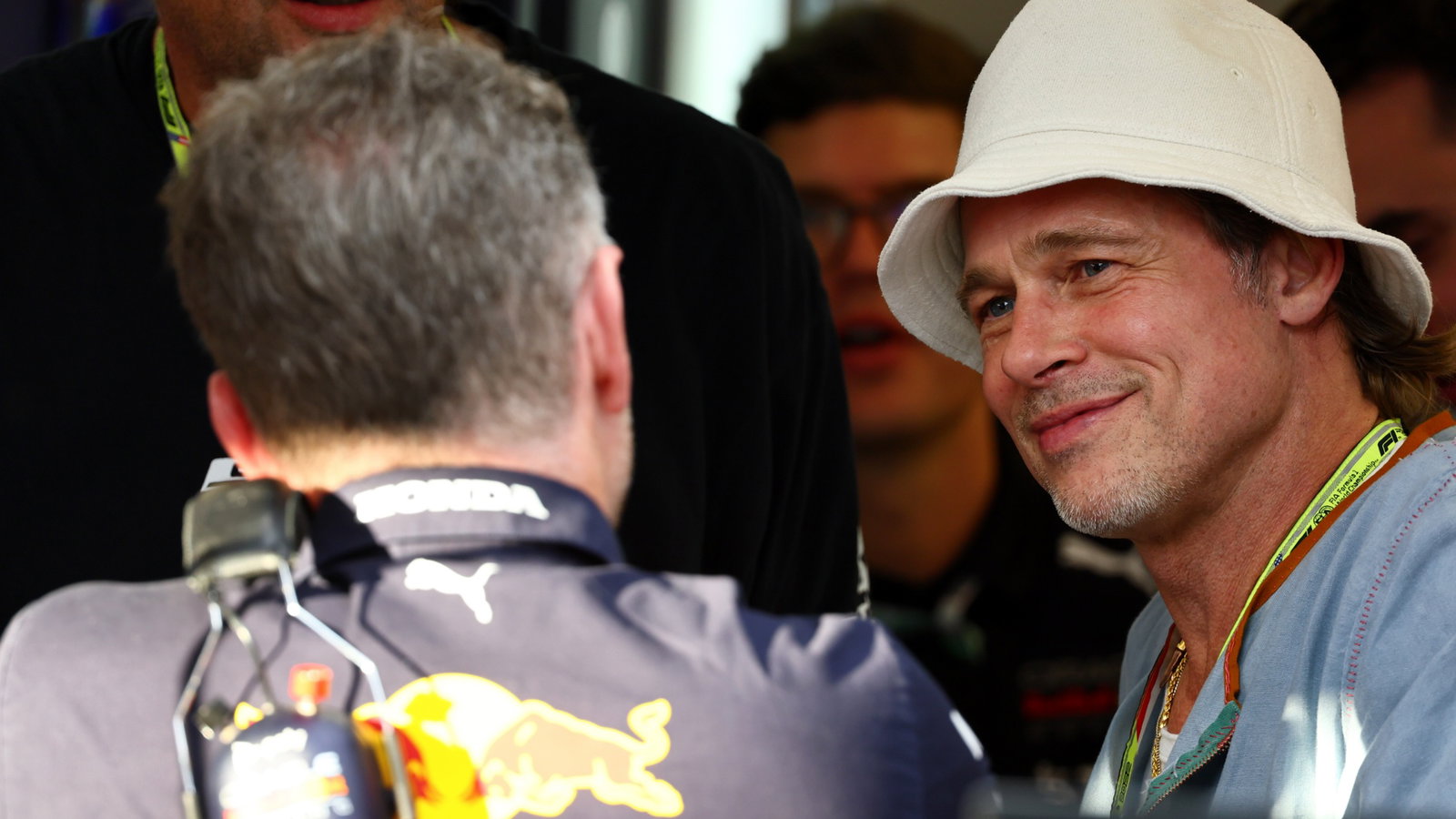 Brad Pitt (USA) Actor with Christian Horner (GBR) Red Bull Racing Team Principal. Formula 1 World Championship, Rd 19,