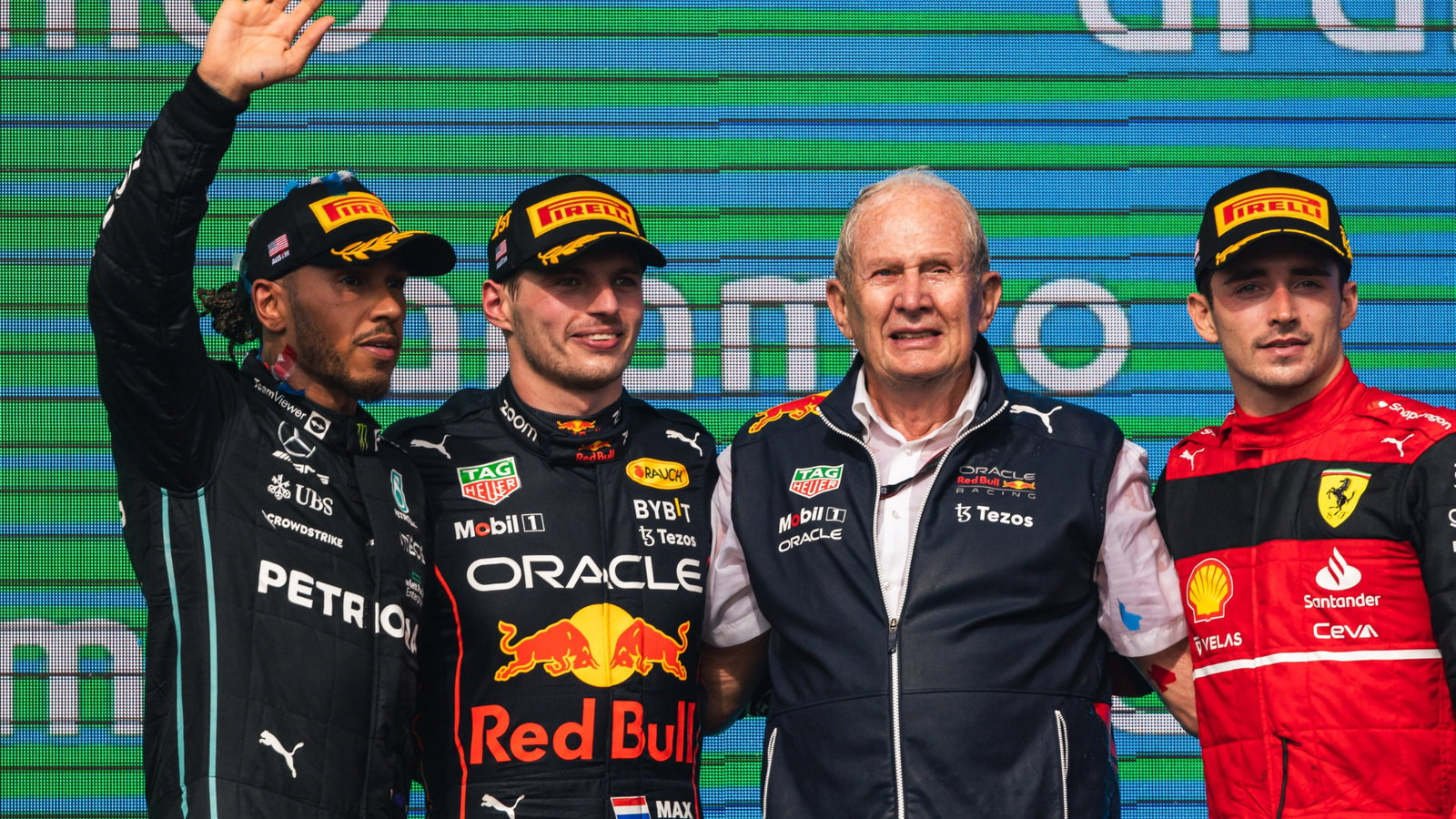 The podium (L to R): Lewis Hamilton (GBR) Mercedes AMG F1, second; Max Verstappen (NLD) Red Bull Racing, race winner; Dr