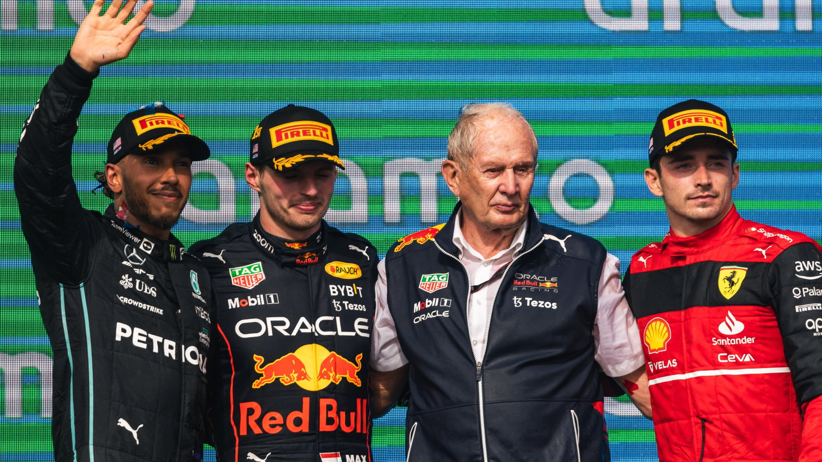 The podium (L to R): Lewis Hamilton (GBR) Mercedes AMG F1, second; Max Verstappen (NLD) Red Bull Racing, race winner; Dr