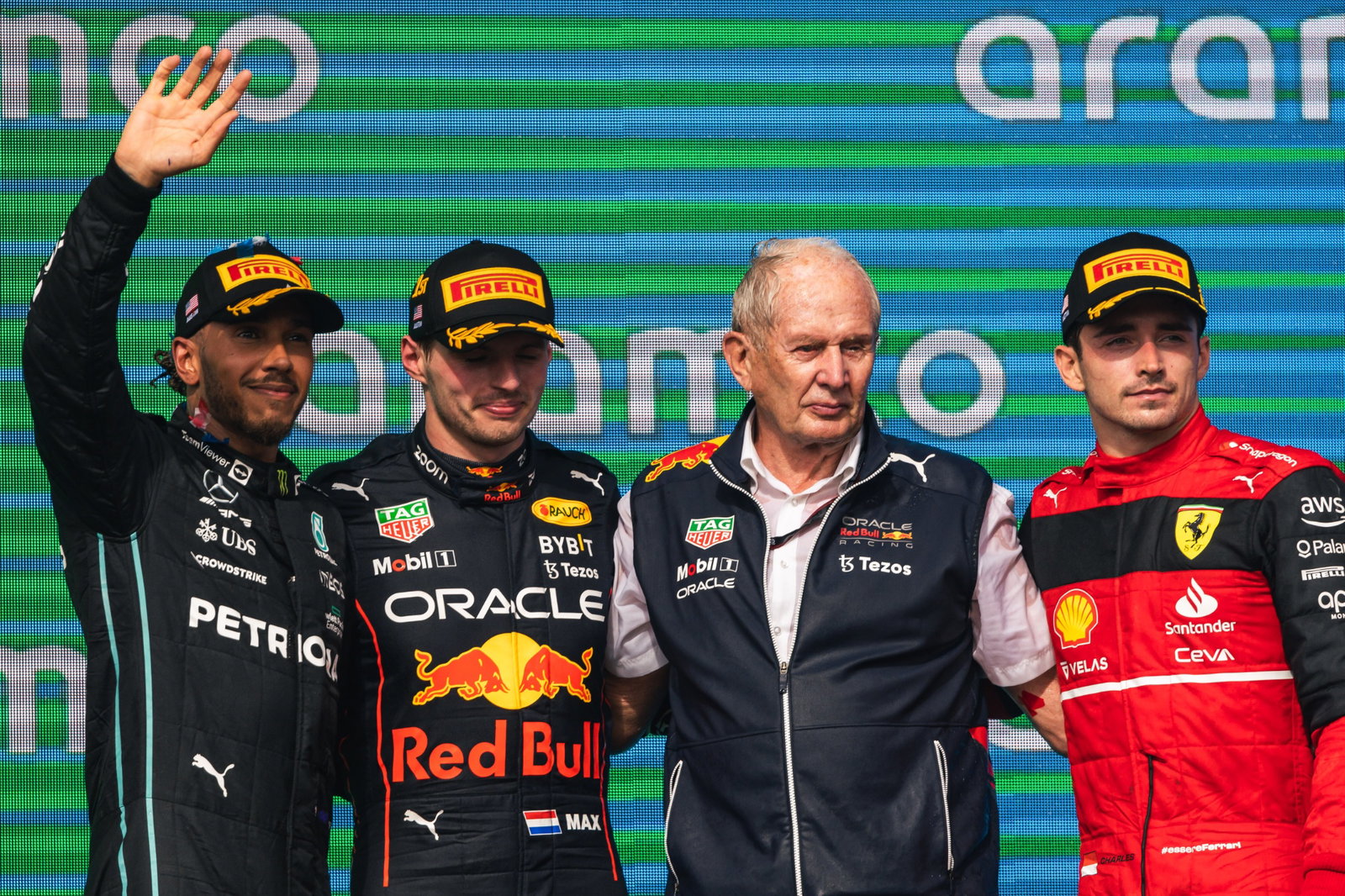 The podium (L to R): Lewis Hamilton (GBR) Mercedes AMG F1, second; Max Verstappen (NLD) Red Bull Racing, race winner; Dr