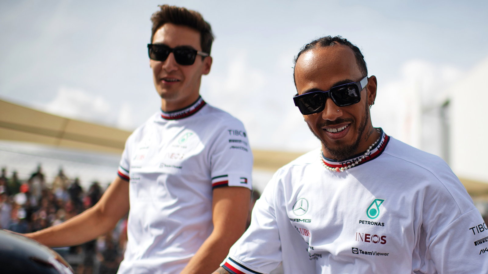 Lewis Hamilton (GBR) Mercedes AMG F1 and George Russell (GBR) Mercedes AMG F1 on the drivers parade. Formula 1 World