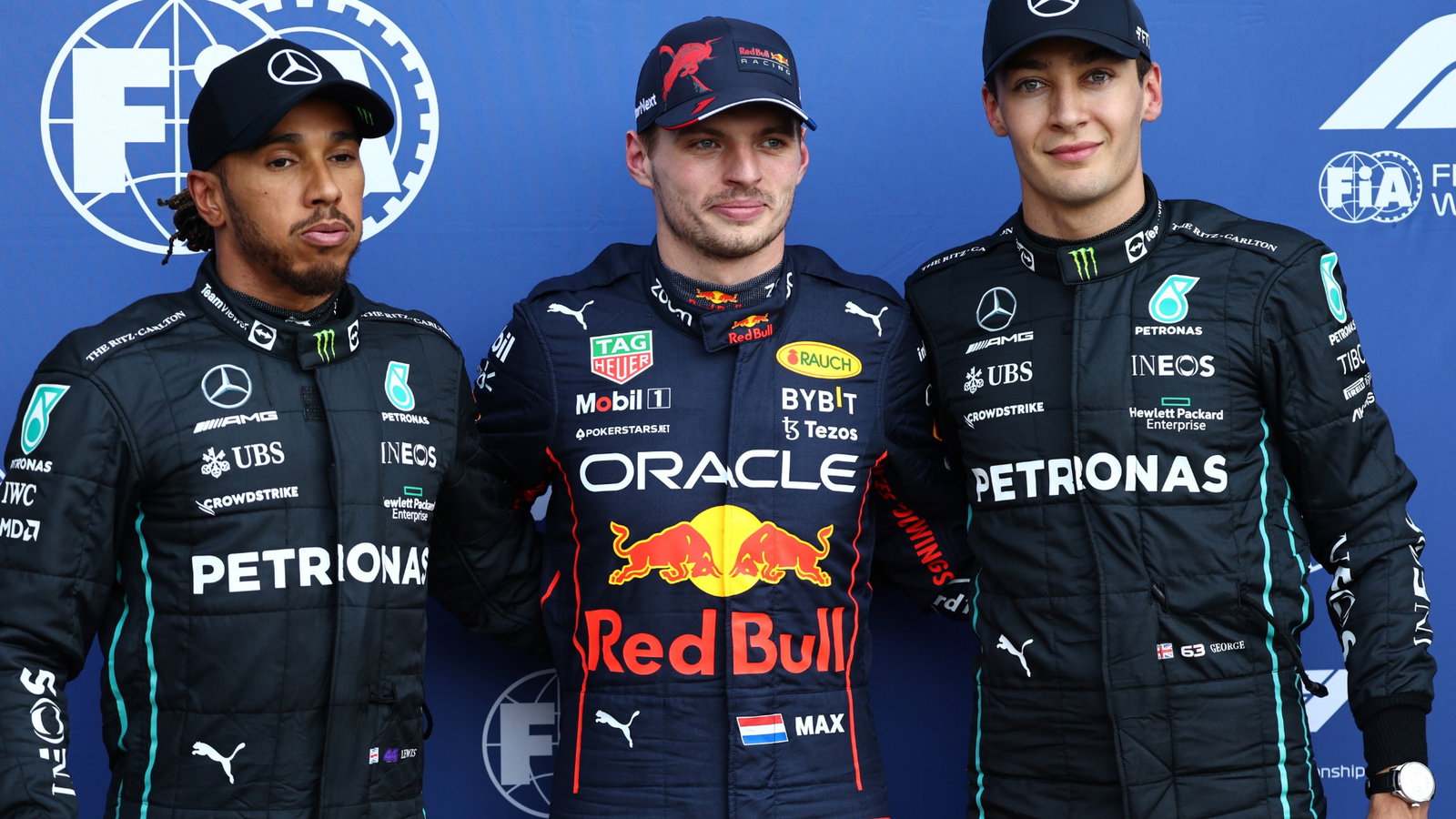 Pole position for Max Verstappen (NLD) Red Bull Racing 2nd for George Russell (GBR) Mercedes AMG F1 and 3rd Lewis Hamilton