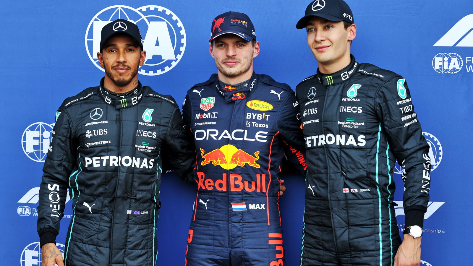Qualifying top three in parc ferme (L to R): Lewis Hamilton (GBR) Mercedes AMG F1, third; Max Verstappen (NLD) Red Bull