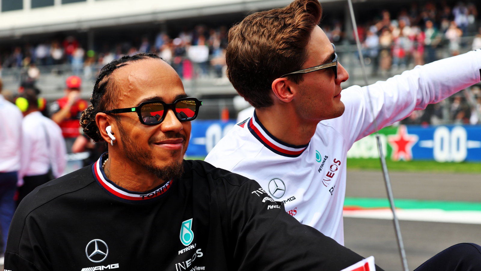 (L to R): Lewis Hamilton (GBR) Mercedes AMG F1 and George Russell (GBR) Mercedes AMG F1 on the drivers parade. Formula 1