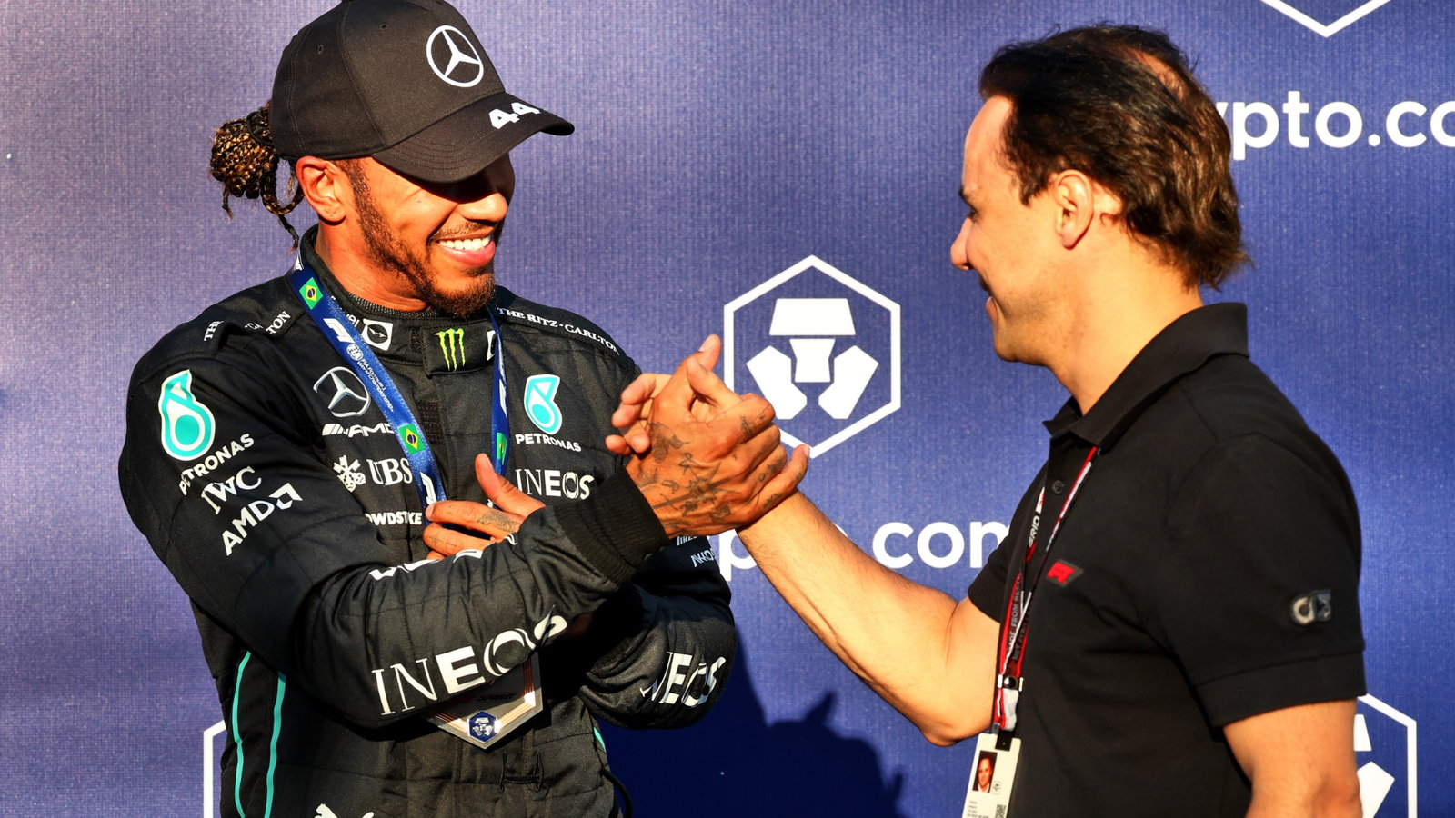 (L to R): Lewis Hamilton (GBR) Mercedes AMG F1 with Felipe Massa (BRA) FIA Drivers' Commission President in Sprint parc