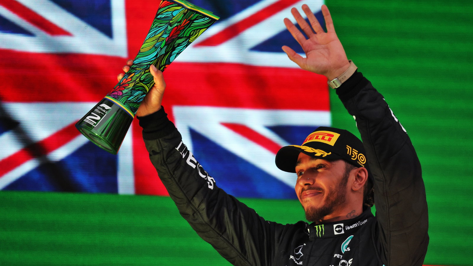 Lewis Hamilton (GBR) Mercedes AMG F1 celebrates his second position on the podium. Formula 1 World Championship, Rd 21,